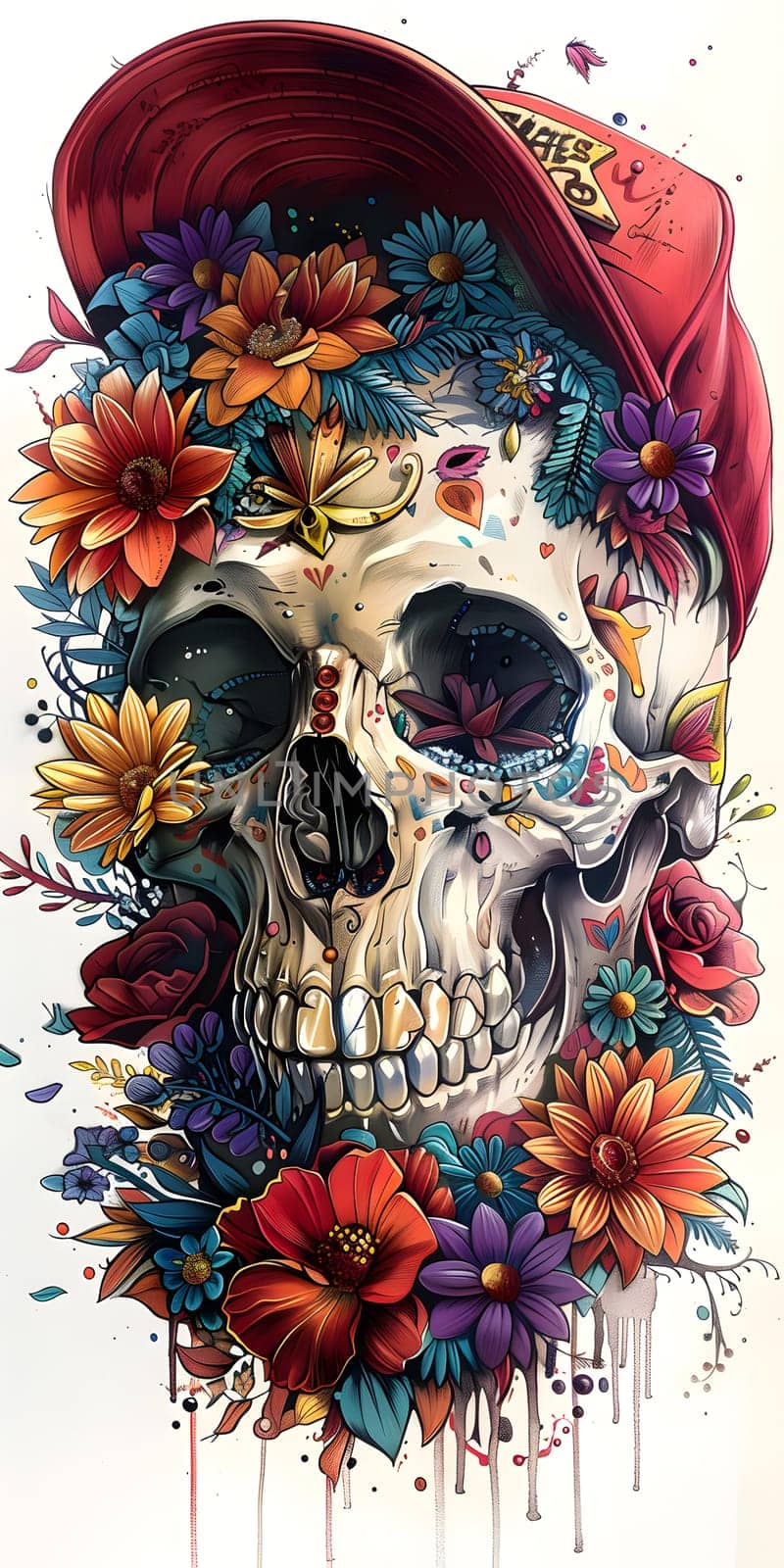 A flowersurrounded sugar skull with a red hat, an artistic illustration by Nadtochiy