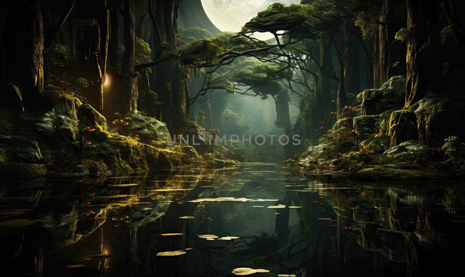 Dark forest with full moon illuminating the scene.