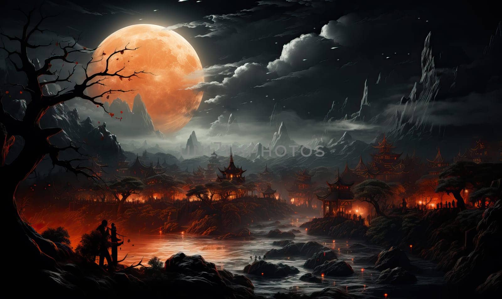 A painting of a dark landscape under a full moon.