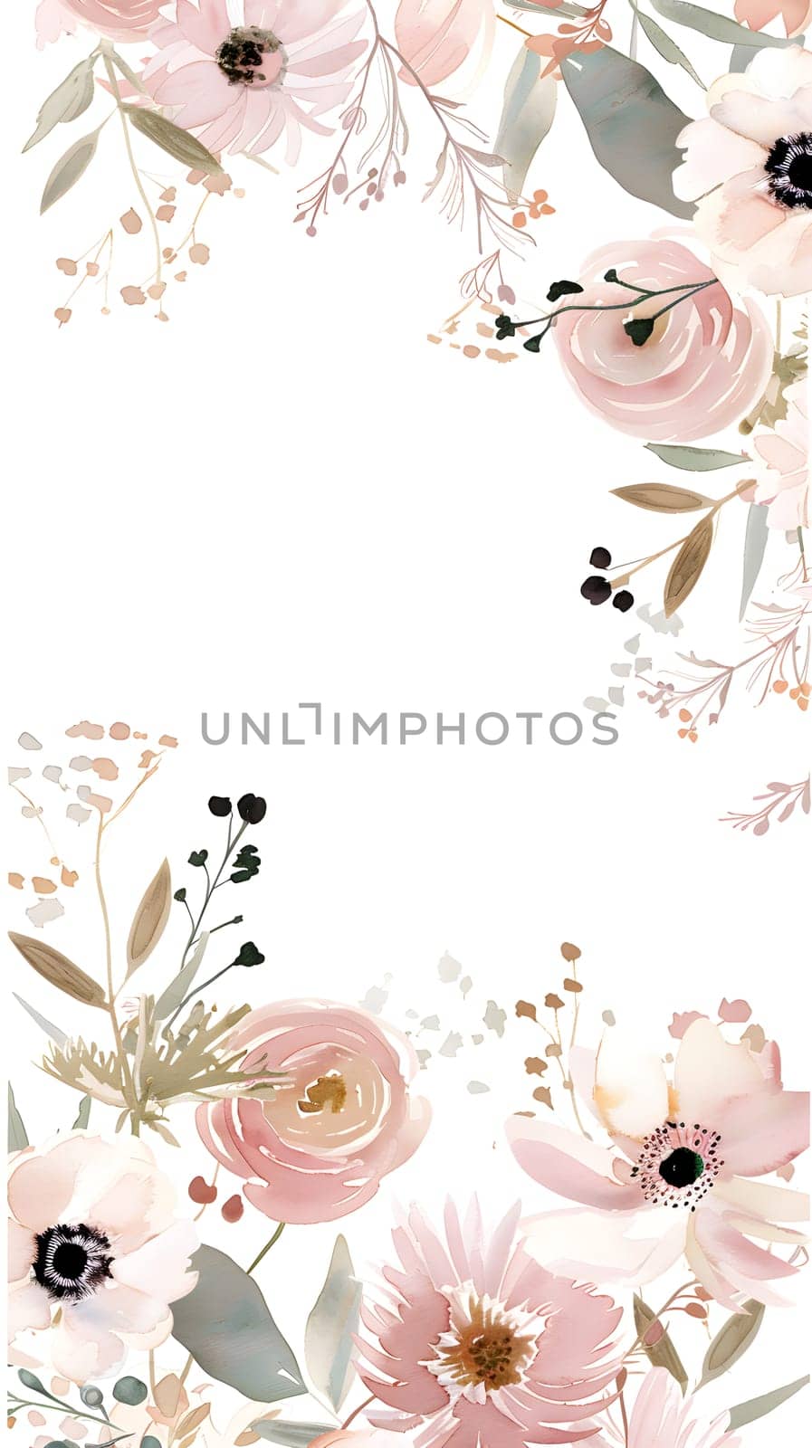 A creative floral frame with pink flowers and green leaves on a white background by Nadtochiy