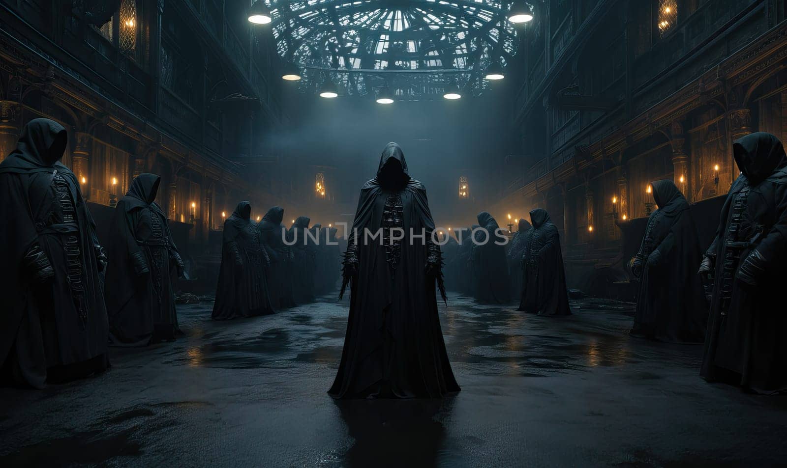 Multiple individuals standing indoors in dimly lit space.