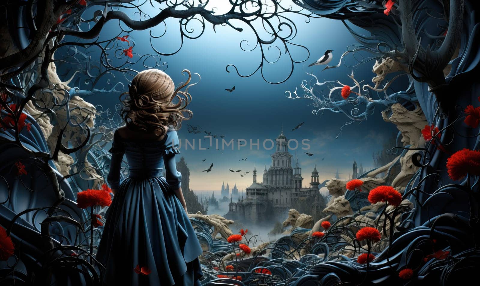 Woman wearing blue dress observes castle in the distance.