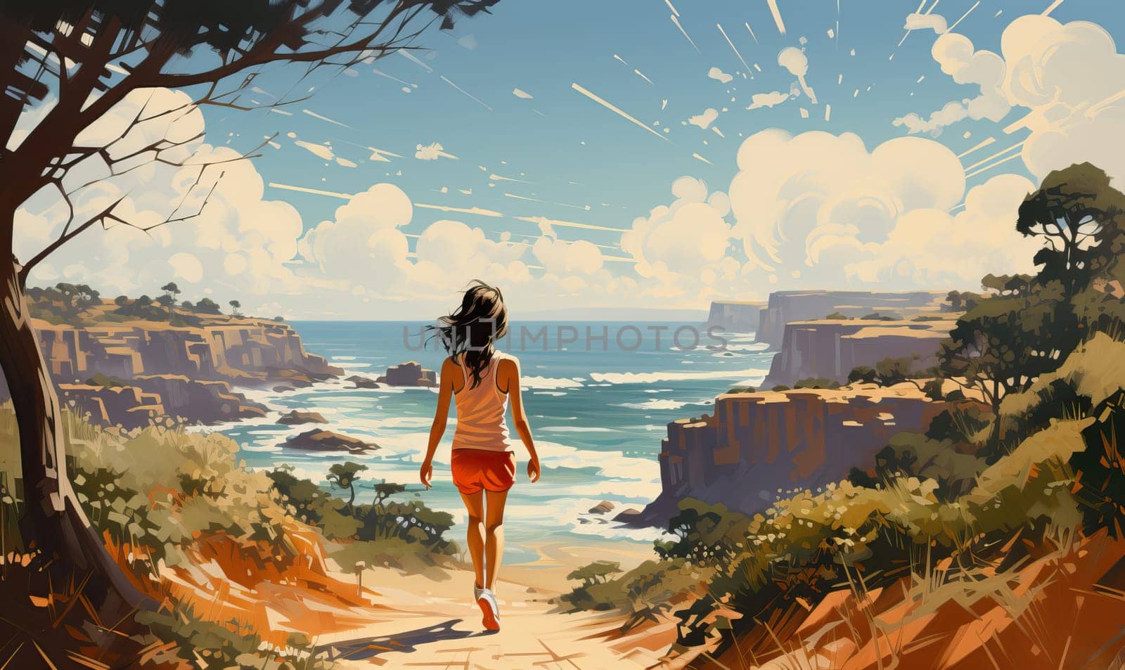 A woman walks along a path near the ocean.