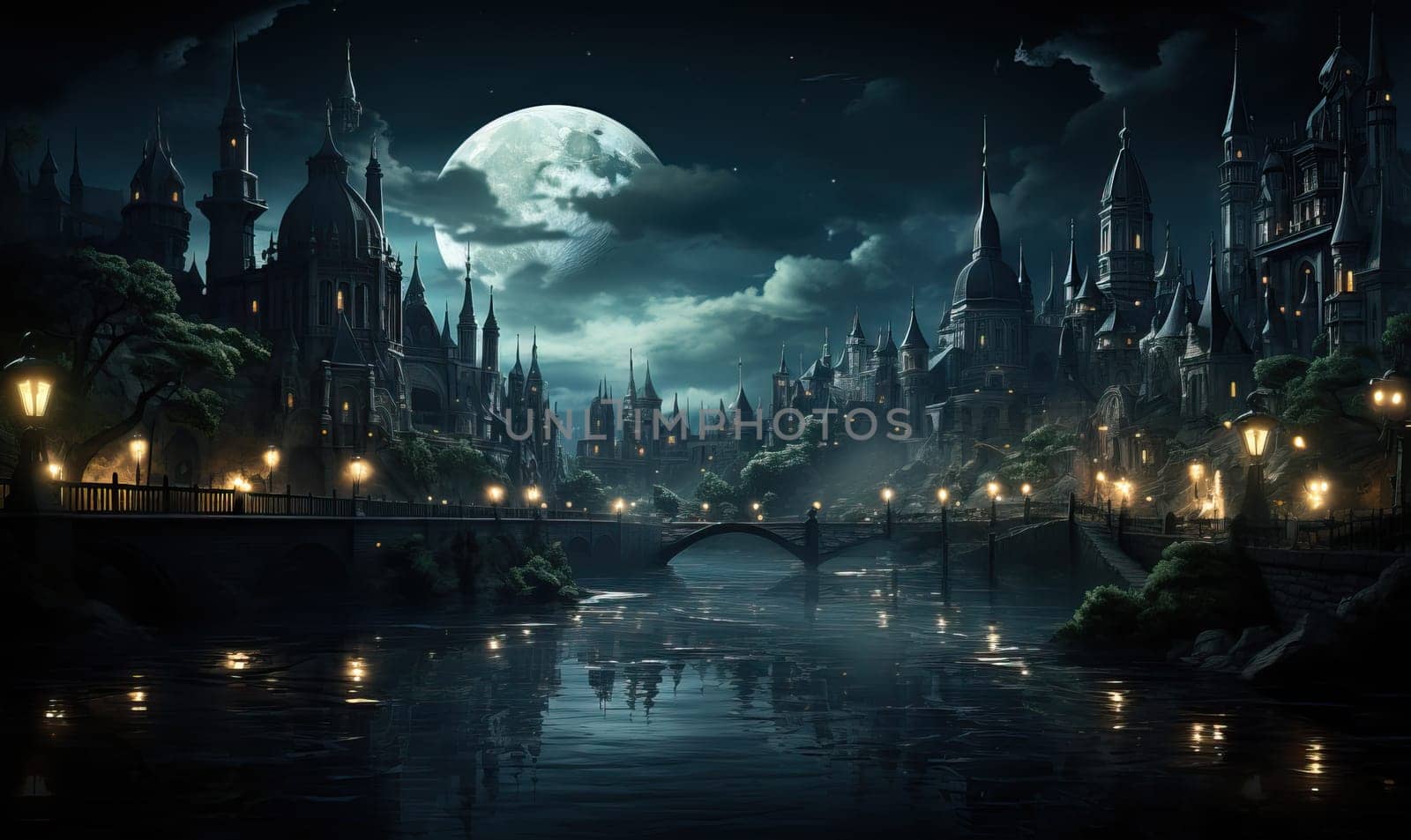 Urban cityscape at night with a lit bridge spanning a river.