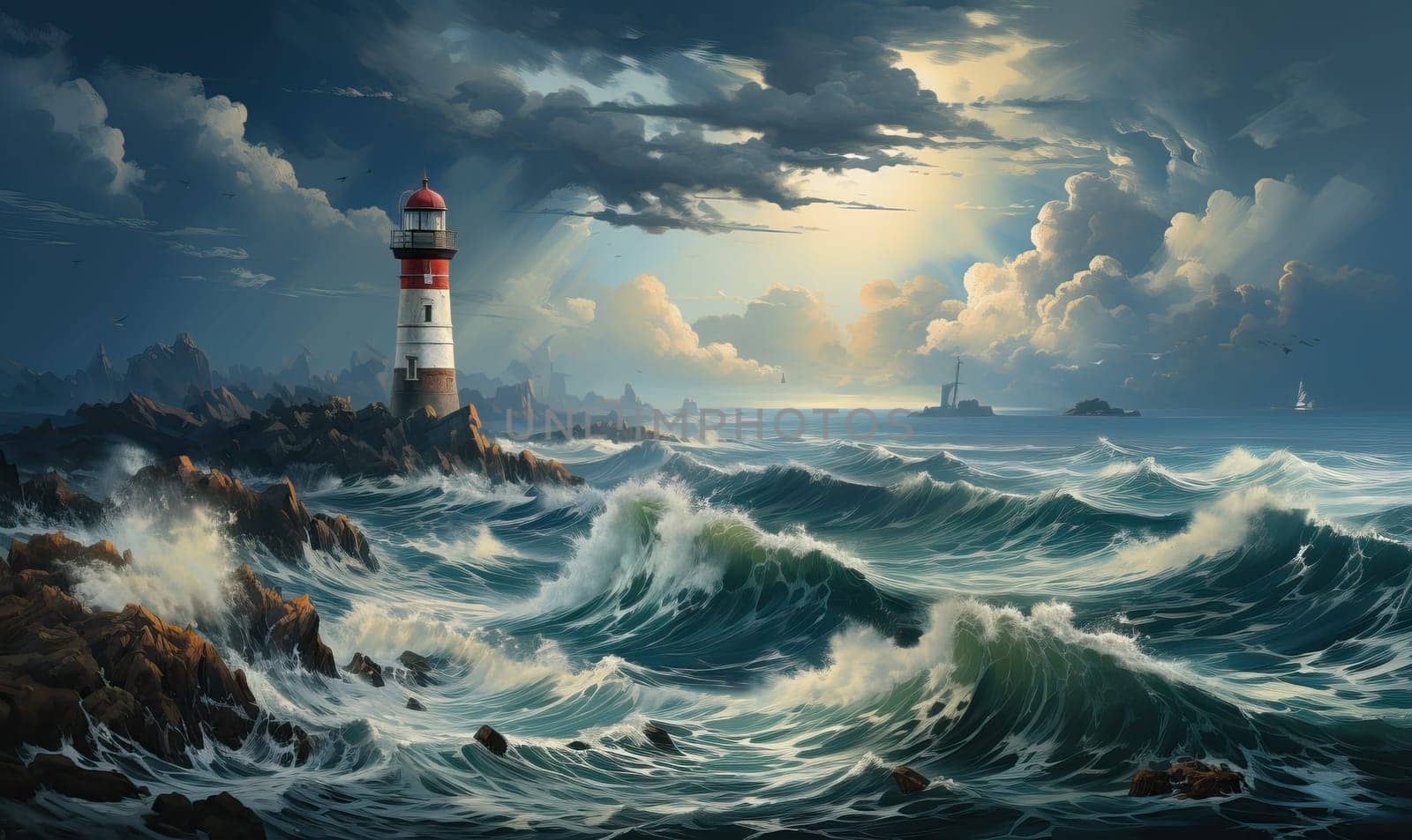 A painting depicting a lighthouse standing tall amidst turbulent ocean waves.