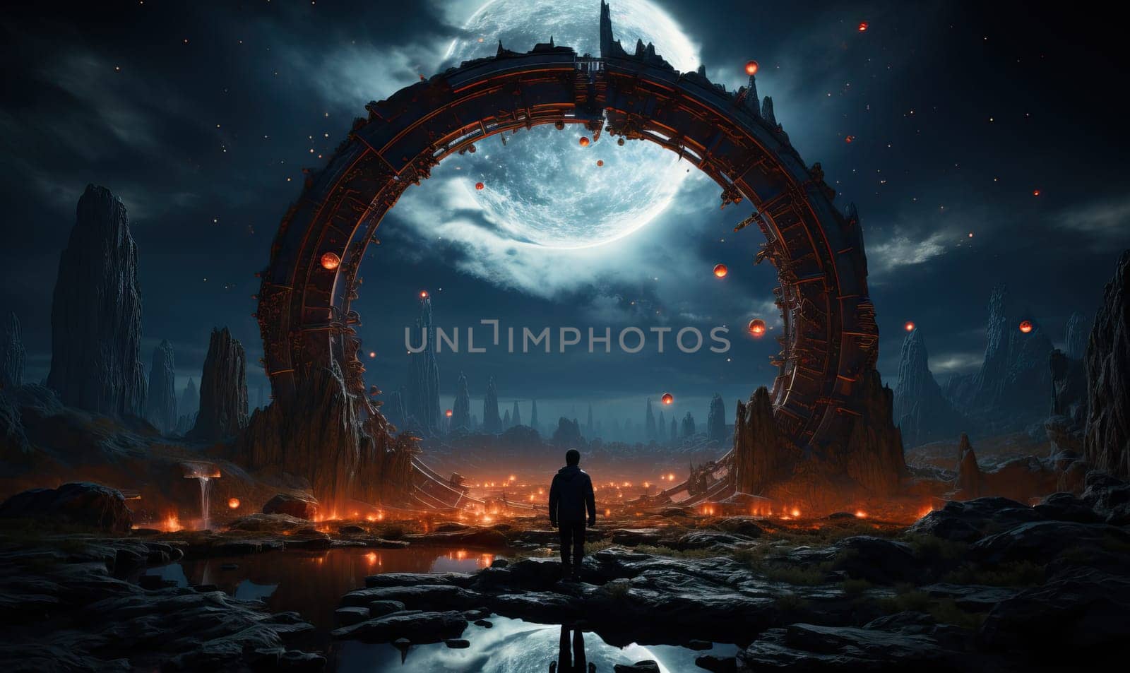 A man stands in front of a massive portal, looking up in awe and wonder.
