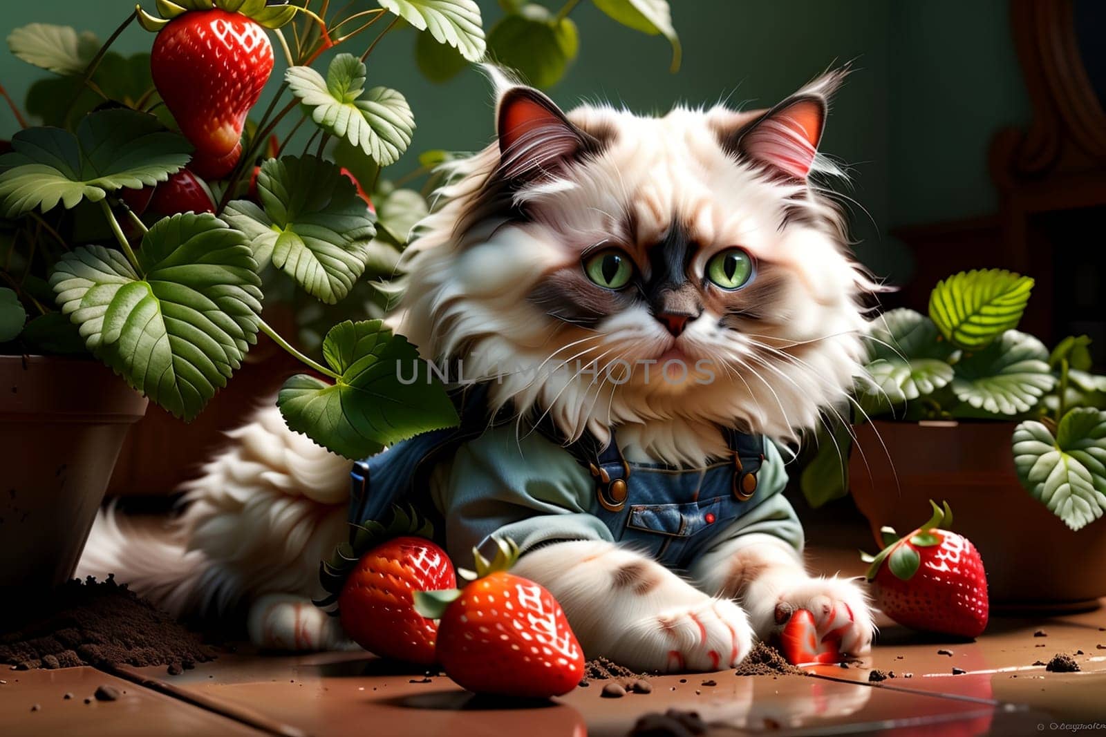 a cat in denim overalls is doing gardening, planting a strawberry bush, with a shovel by Rawlik