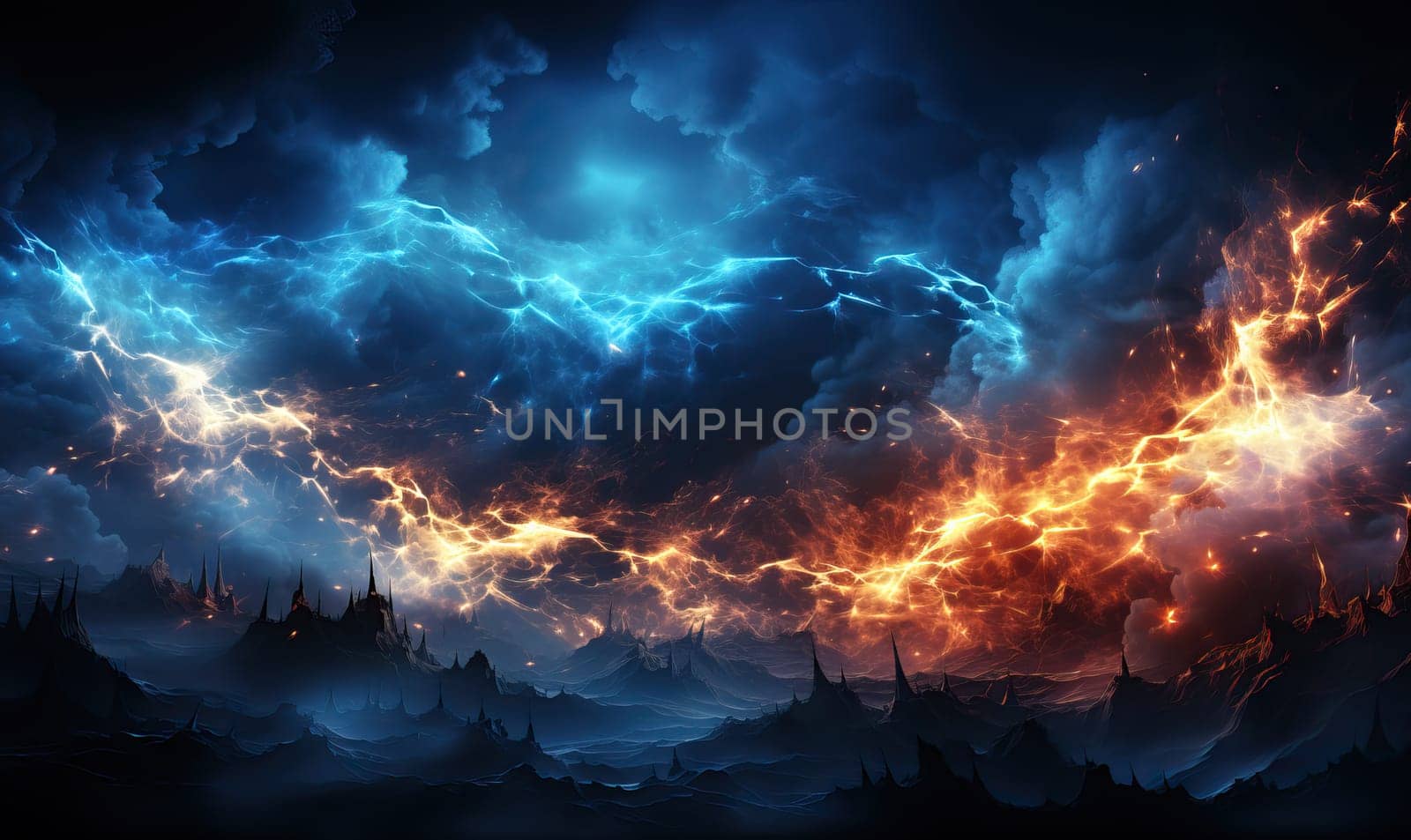 Stormy sky filled with dense clouds and lightning strikes.
