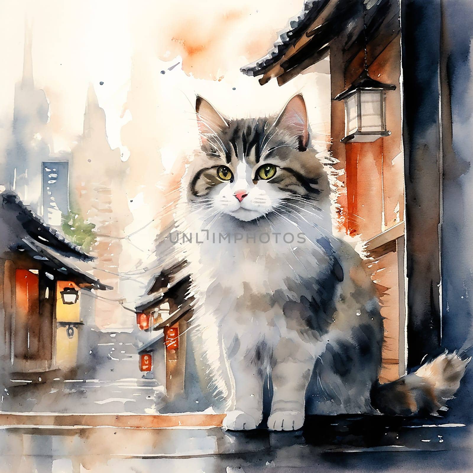 Feline Grace: Cat Watercolor Capturing Serene Atmosphere of Japan