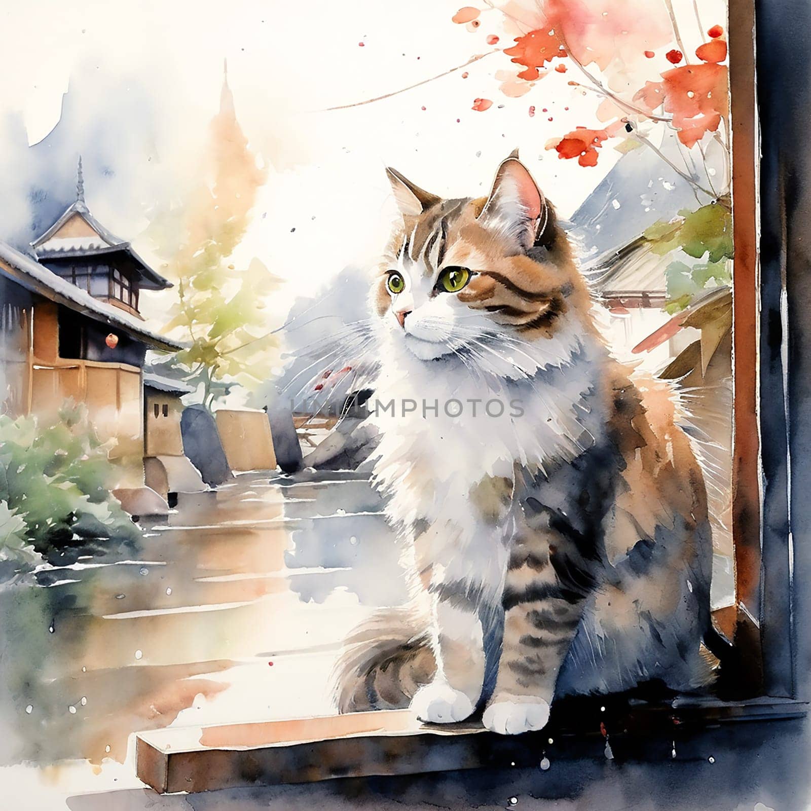 Tranquil Whiskers: Feline Serenity in Japanese Watercolor by Petrichor