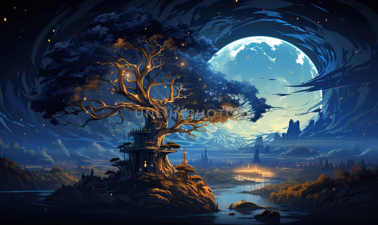 A tree is depicted with a full moon in the background.