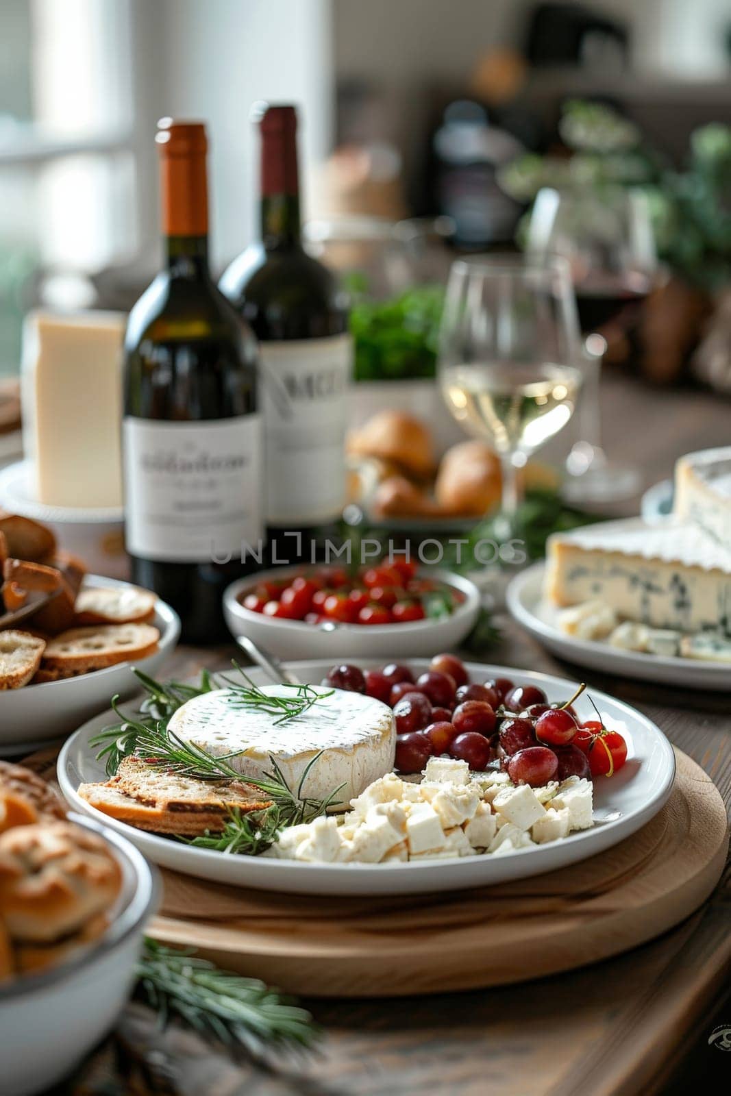 A table with a variety of food and wine, including a white wine bottle with a label that says Michele