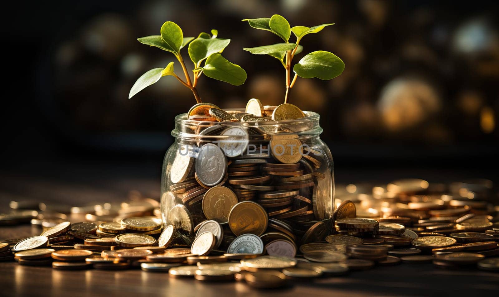 A jar filled with coins, sprouting a plant