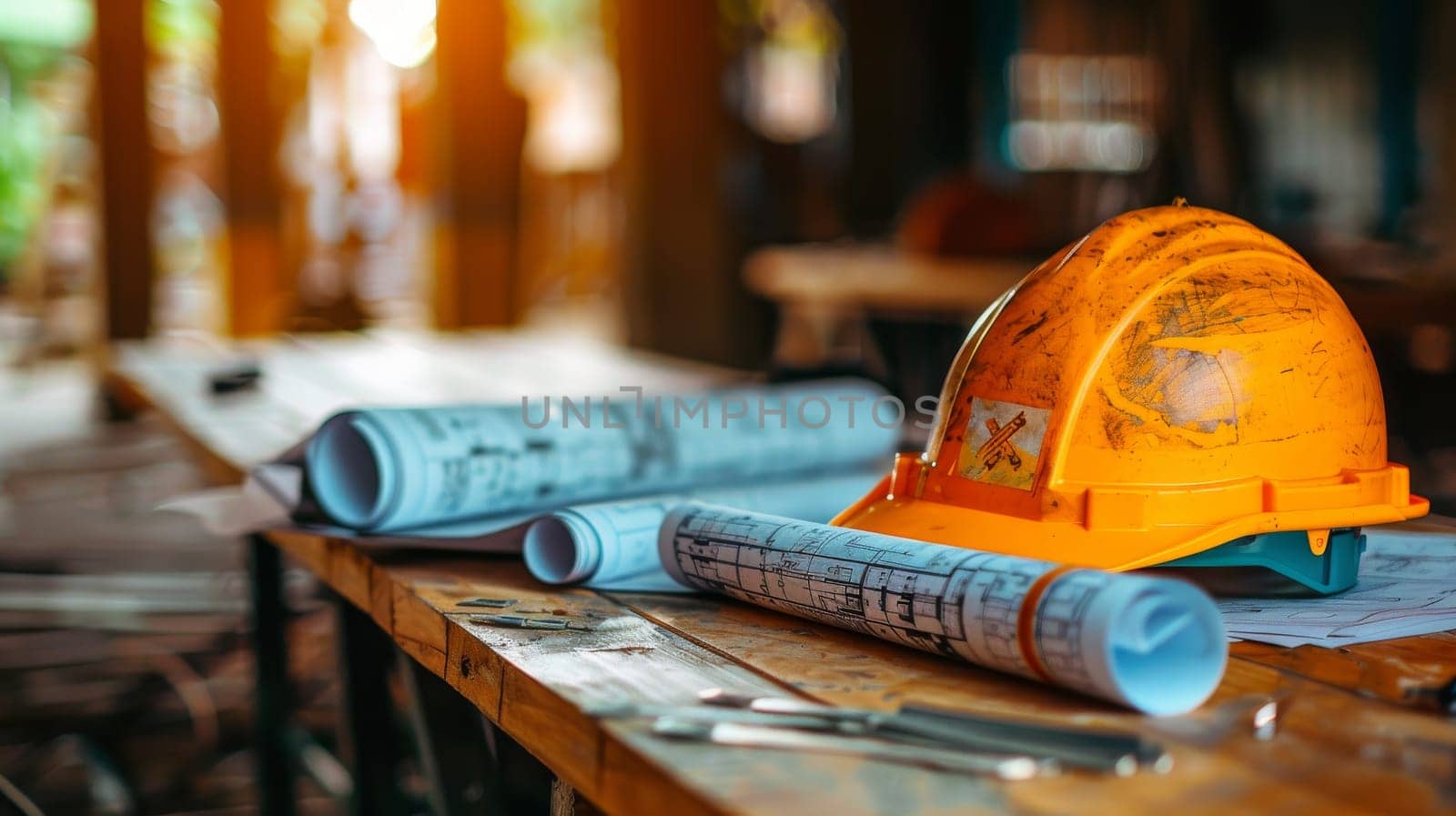 A construction site with a hard hat and blueprints on a table. Scene is serious and focused on the task at hand