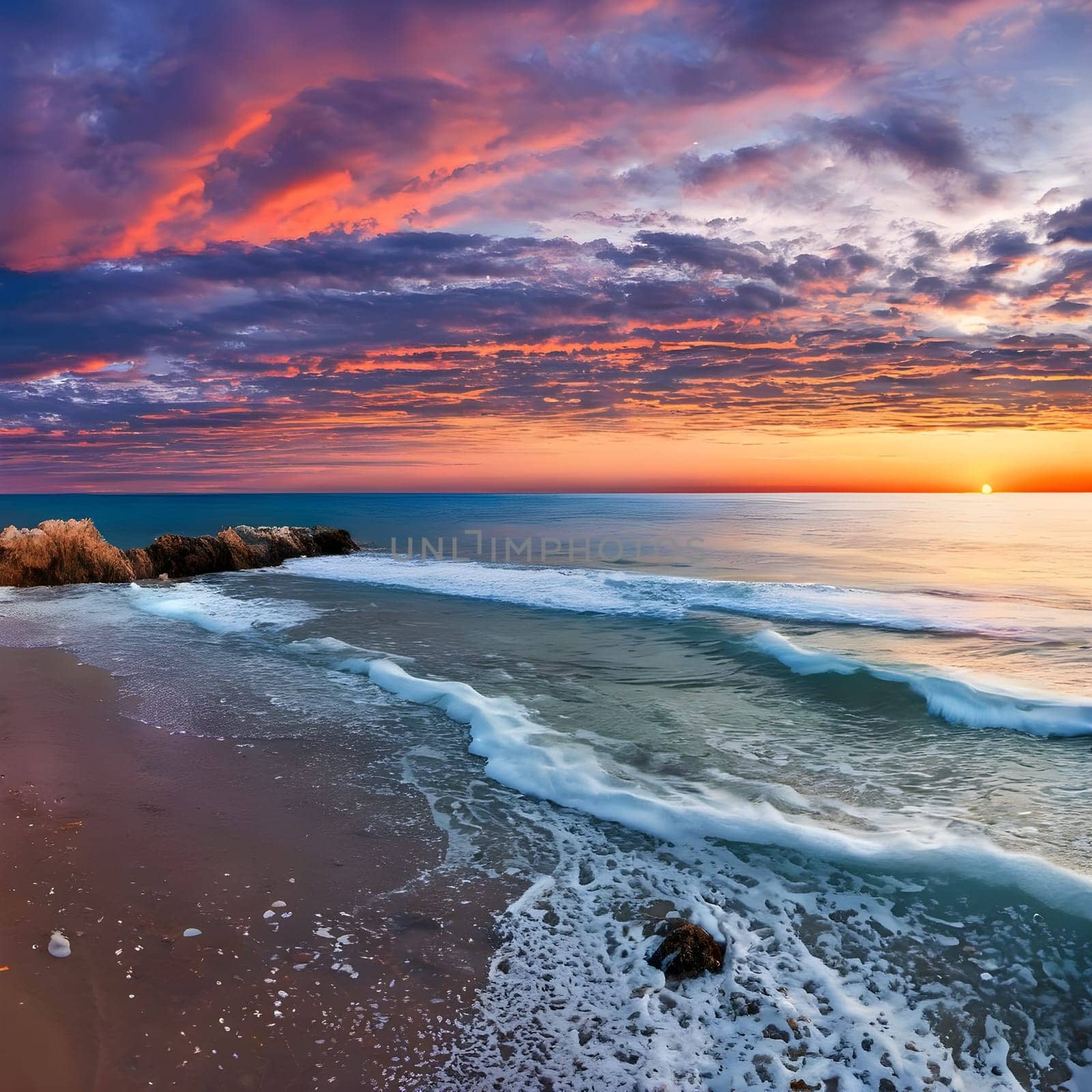 Golden Horizons Tranquil Beachside Serenity at Sunrise by Petrichor