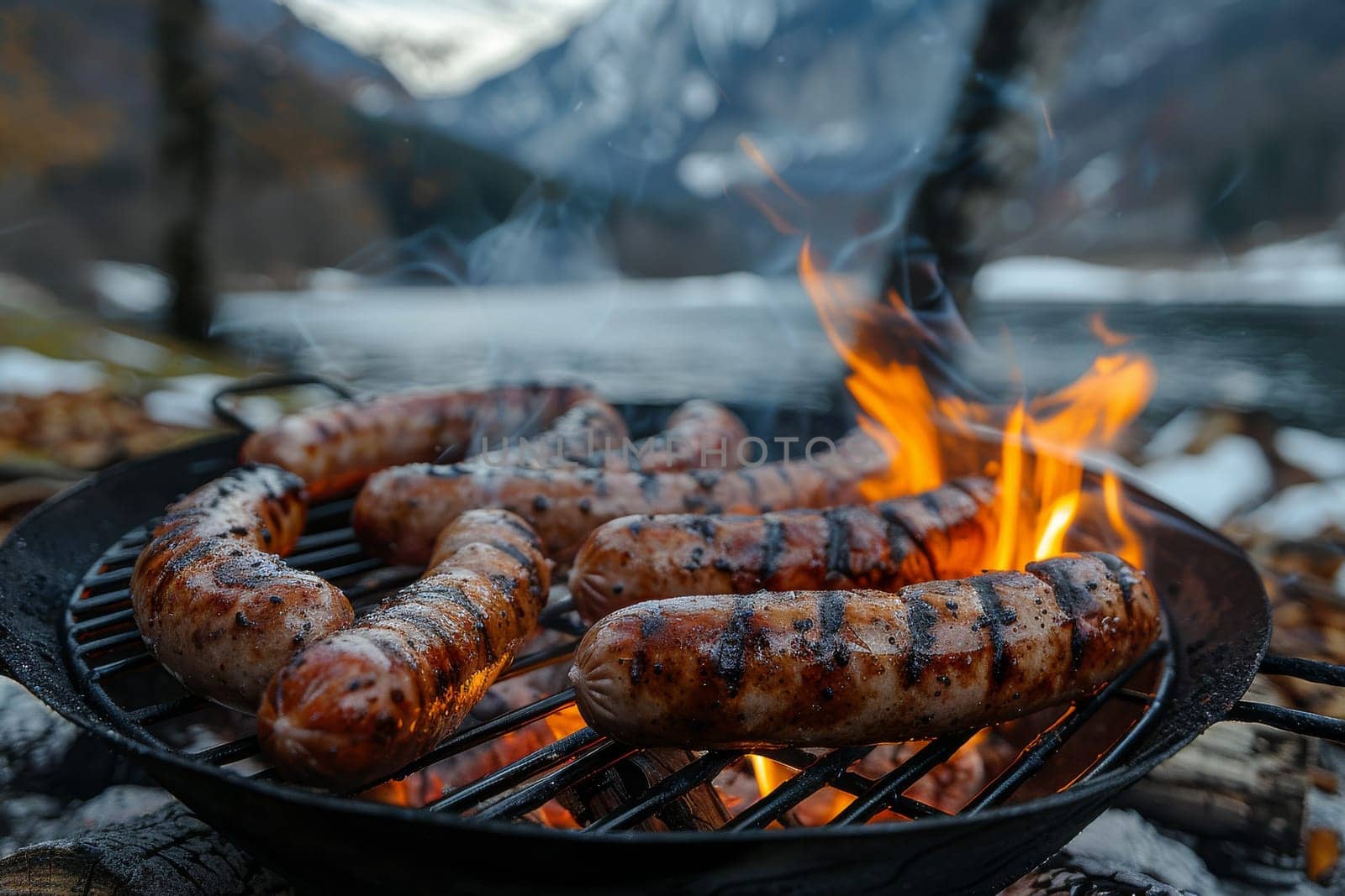 A grill with hot coals and a few hot dogs on it. The hot dogs are being cooked and are surrounded by smoke