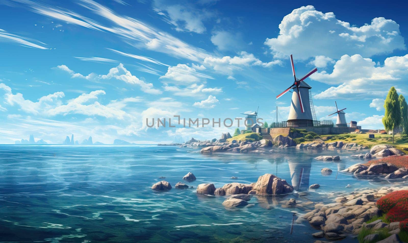 A painting of a windmill situated near the waters edge.