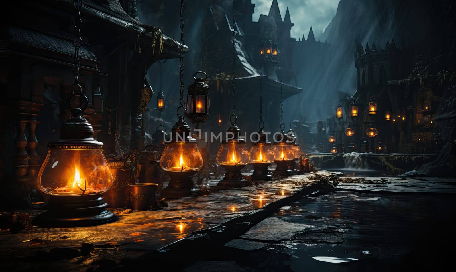 A row of lanterns glowing brightly in the darkness.