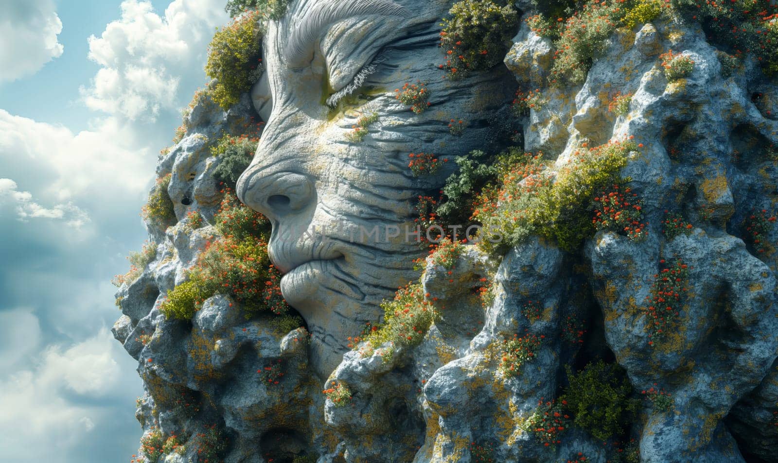 A massive head protruding from the side of a mountain.