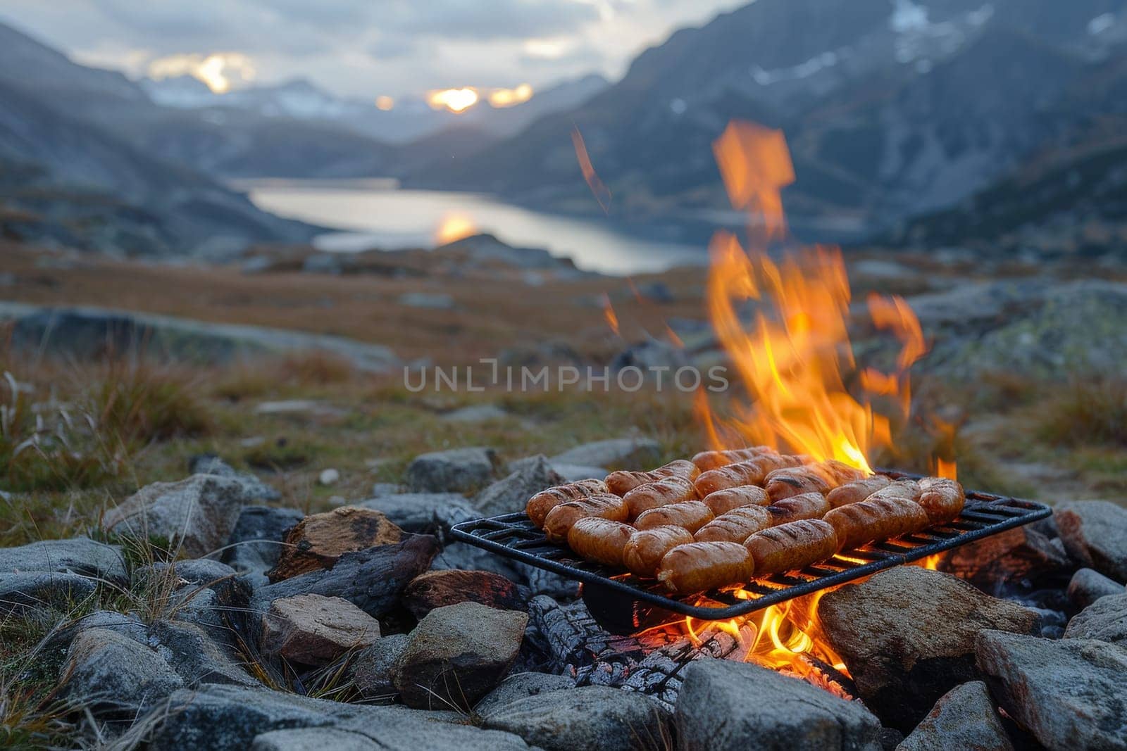 A fire is cooking hot dogs on a grill. The scene is set in a mountainous area with a lake in the background. The fire and the hot dogs create a cozy and inviting atmosphere