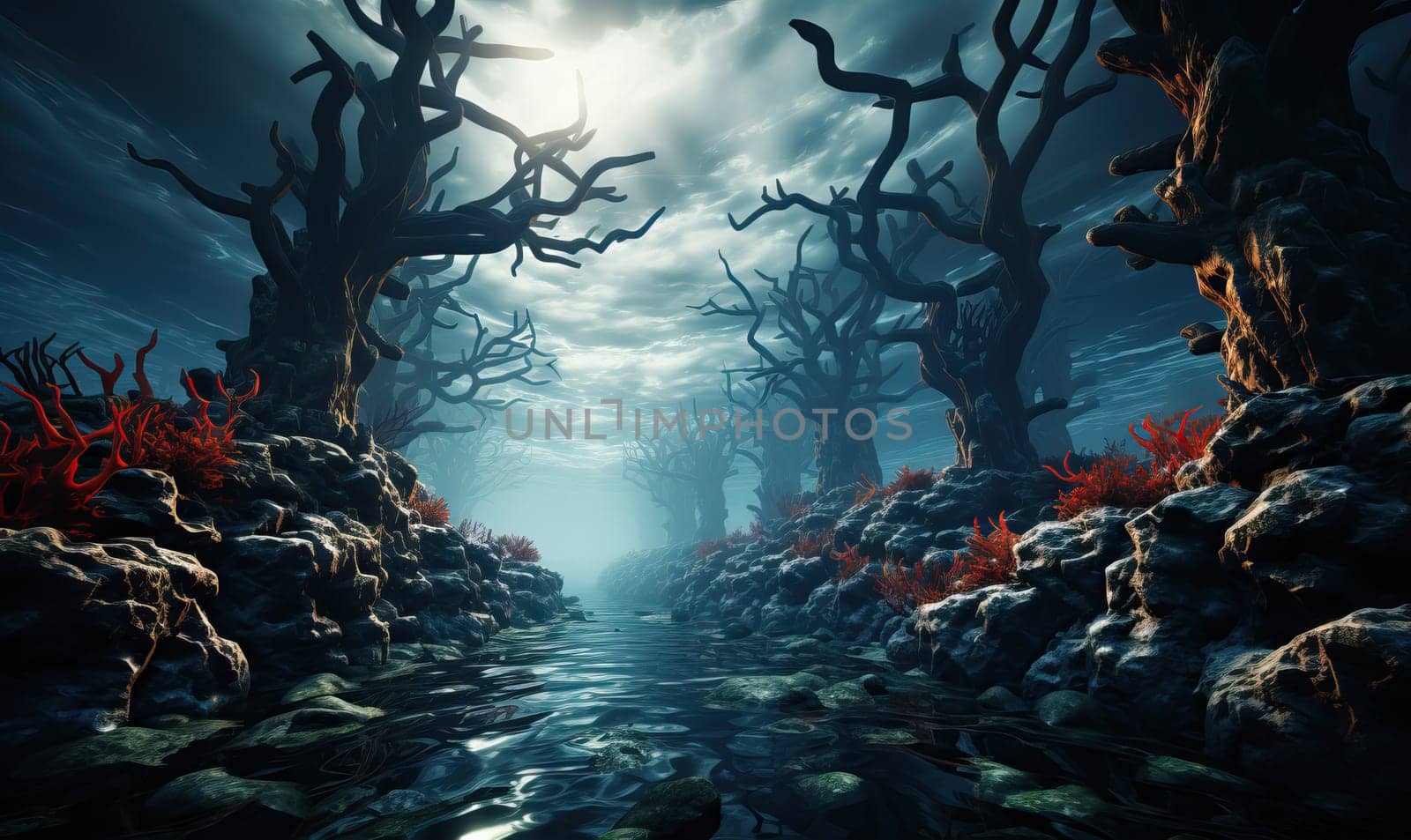 A dark forest with a multitude of trees crowding the landscape.
