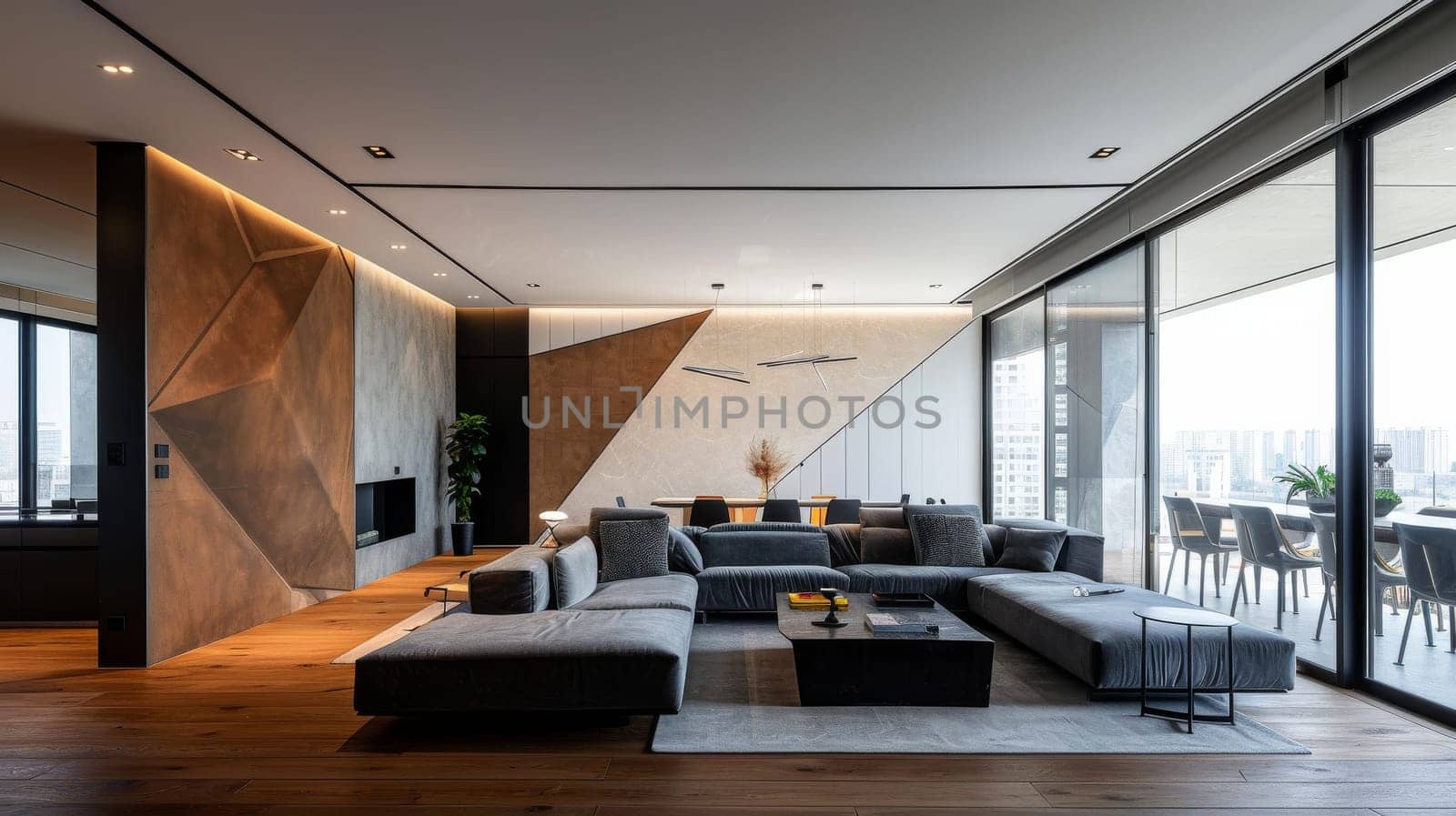 A large living room with a fireplace and a large sectional couch. The room is decorated in a modern style with a mix of wood and metal accents. The mood of the room is cozy and inviting