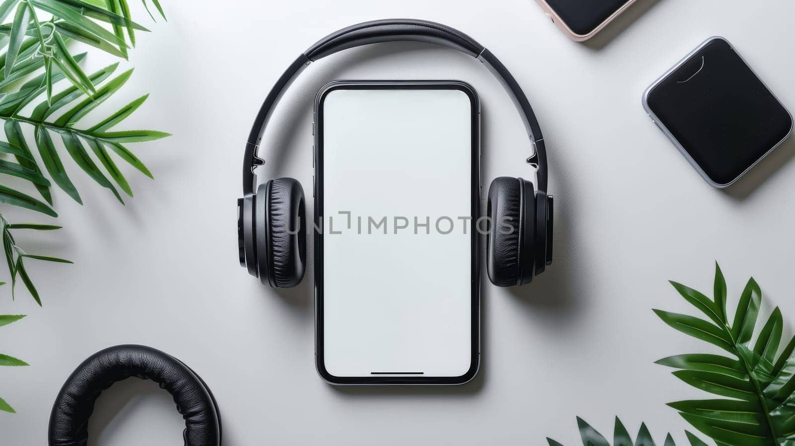A white tablet with headphones on top of it. The tablet is on a table with a bunch of other electronics