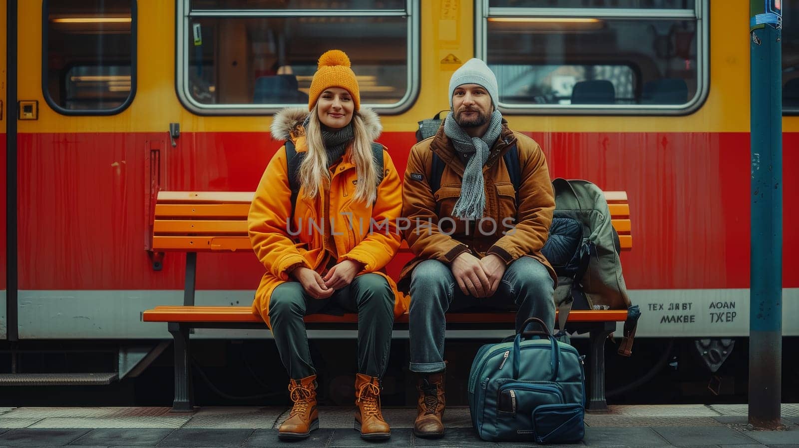 A couple sitting on a bench next to a train. The man is wearing a brown jacket and the woman is wearing a yellow jacket