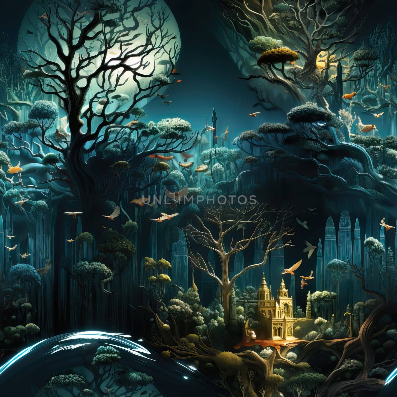 A painting depicting a dark night scene with towering trees and a majestic castle.