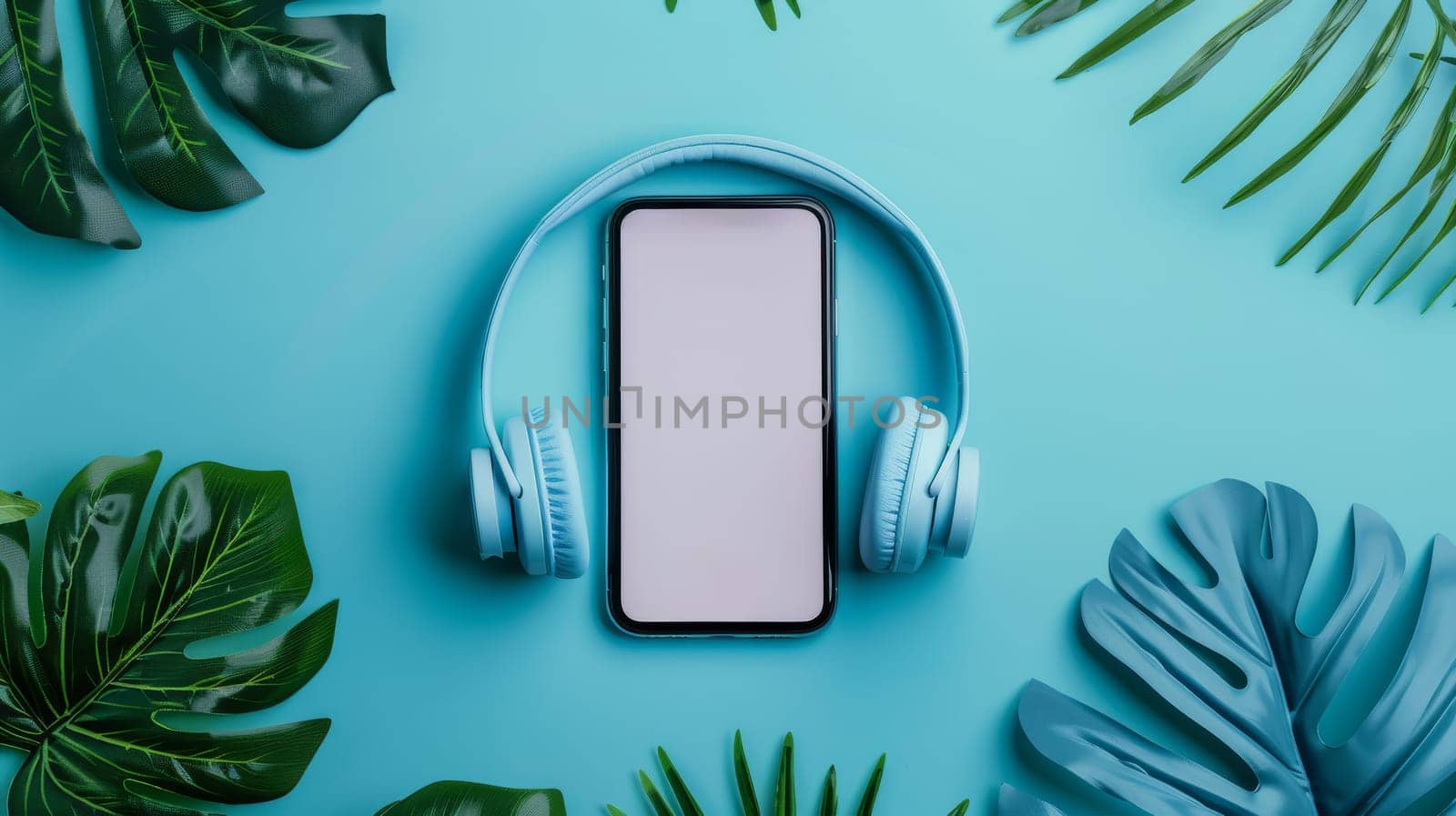 A phone and headphones are on a blue background