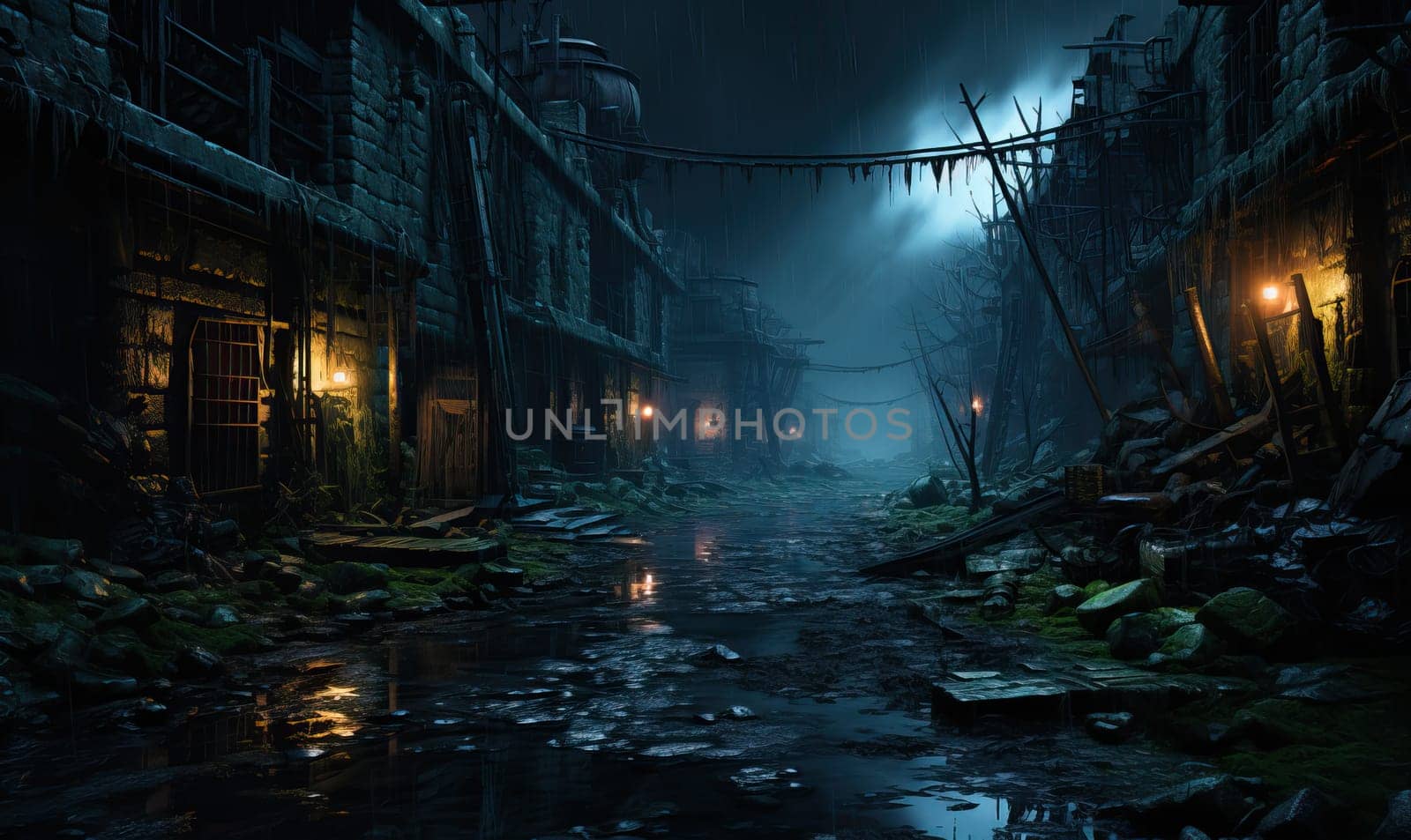 A dimly lit alley featuring a central puddle under dim light.