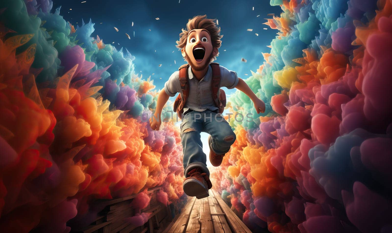 A man sprinting through a tunnel formed by billowing clouds.