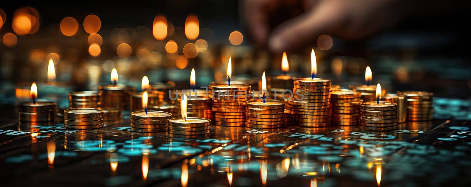 Stack of gold coins on a black computer keyboard.