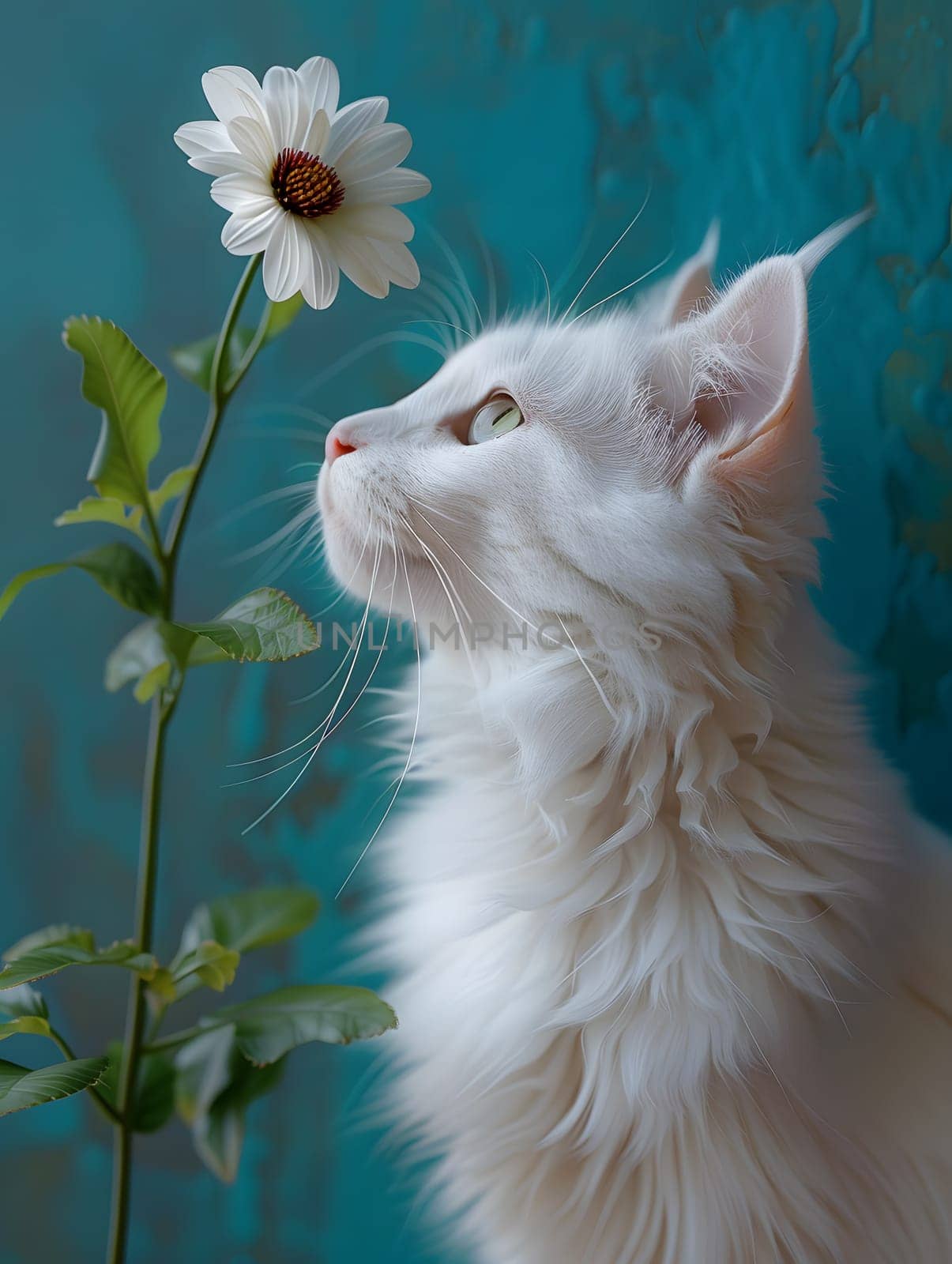 A small to mediumsized Felidae carnivore, the fluffy white cat, is smelling a flower with its whiskers twitching on a blue background. The cats snout is touching the delicate petal of the plant