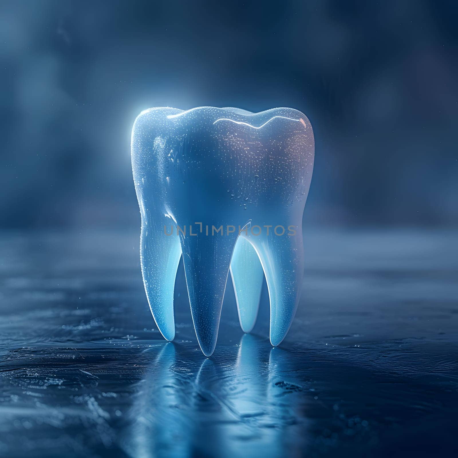 A tooth is illuminated with electric blue fluid in a dark room, captured in stunning macro photography. The transparent material glows like a sky at night