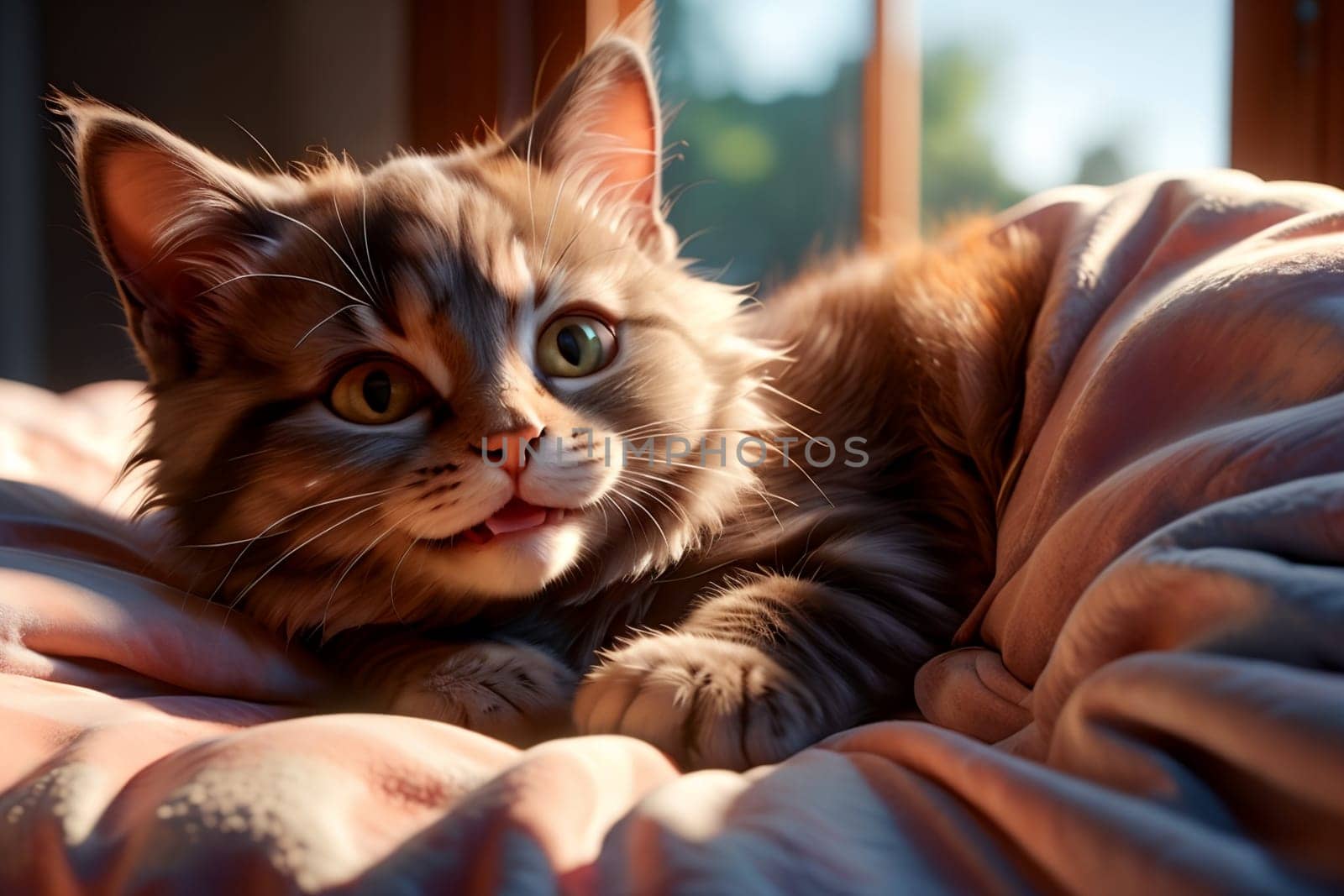 cute domestic cat resting in bed .