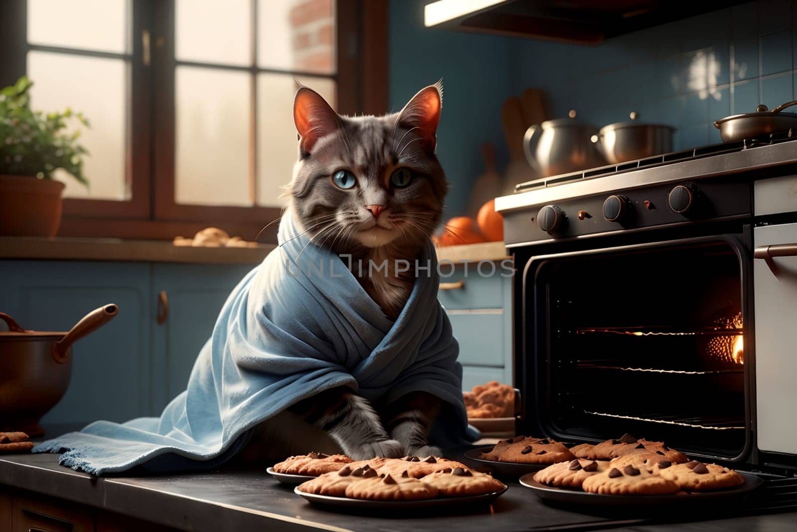 cat in a bathrobe bakes cookies in the kitchen .