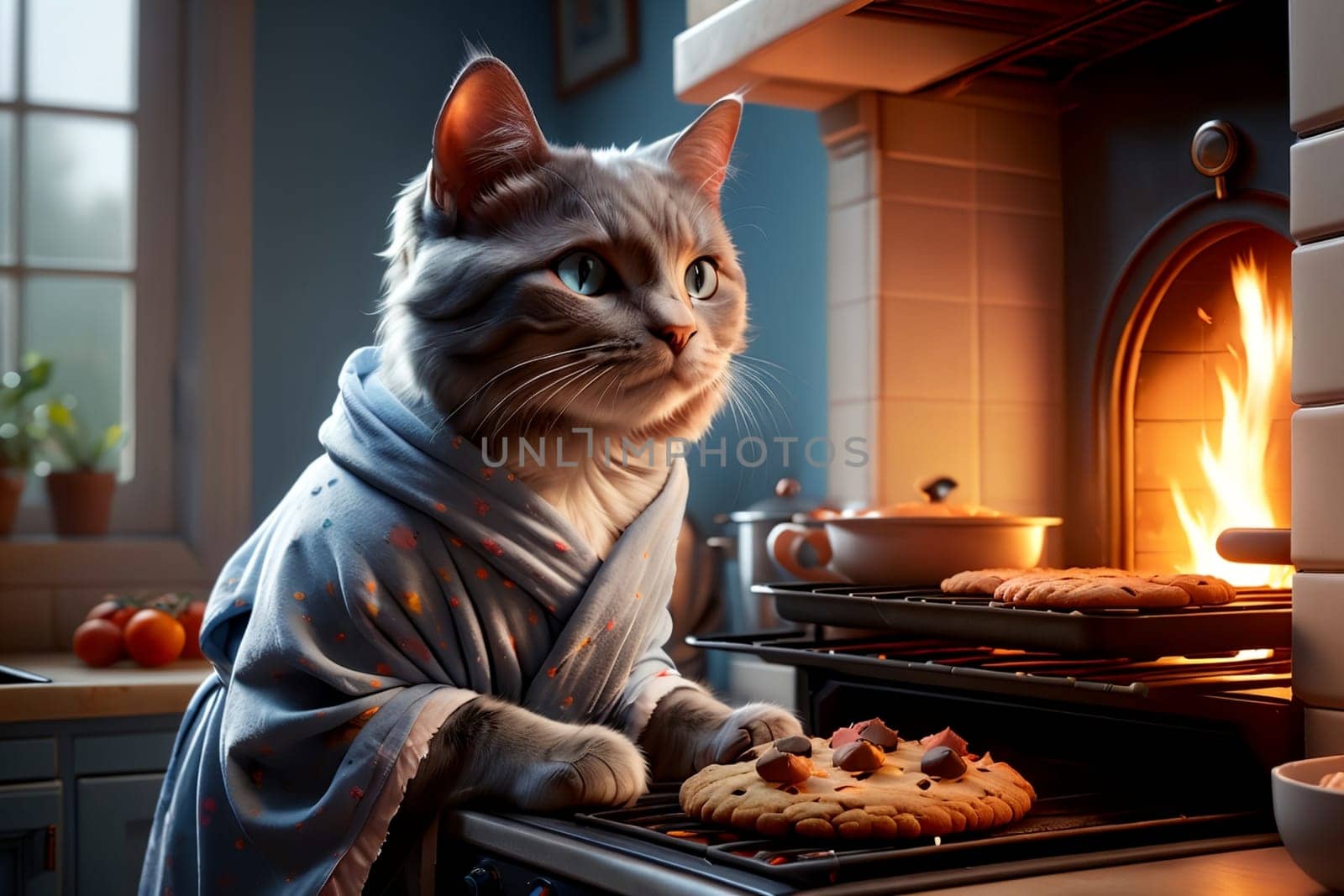 cat in a bathrobe bakes cookies in the kitchen .