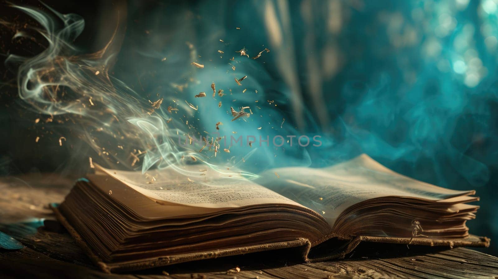 The magical book that turning the multiple glowing glittered page that stay on the wood table that surrounded with the mystery fantasy glowing glittered mist that looks like from dream world. AIGX03.
