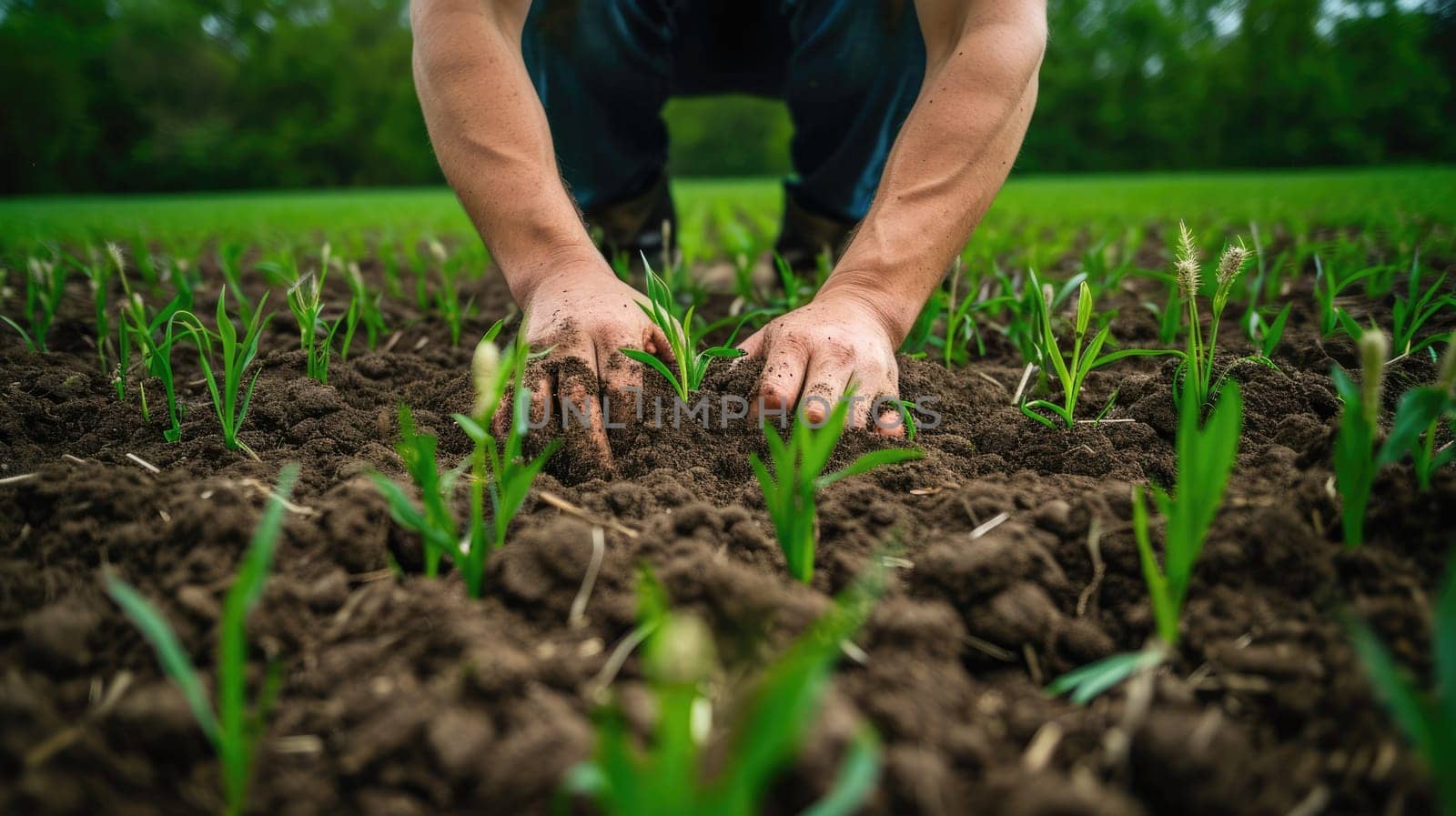 A farmer tending to a lush green field, rural landscape, close-up of hands in soil, symbolizing agriculture and sustainability. Resplendent.
