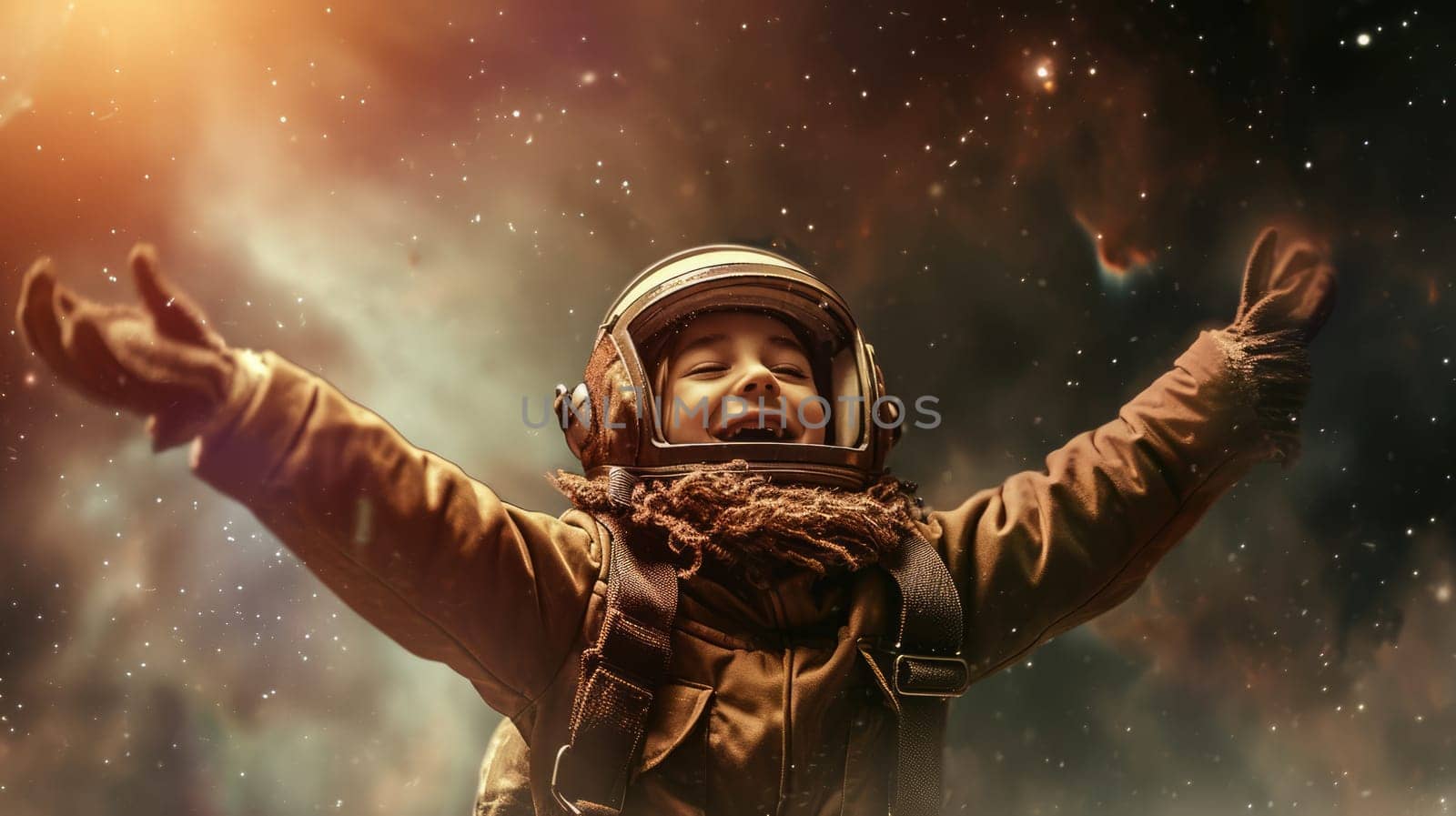 The side view of the picture that has the child flying into the bright sky with the aviator costume and the pair of goggles under the bright light of the bright sun with the happy smile face. AIGX03.