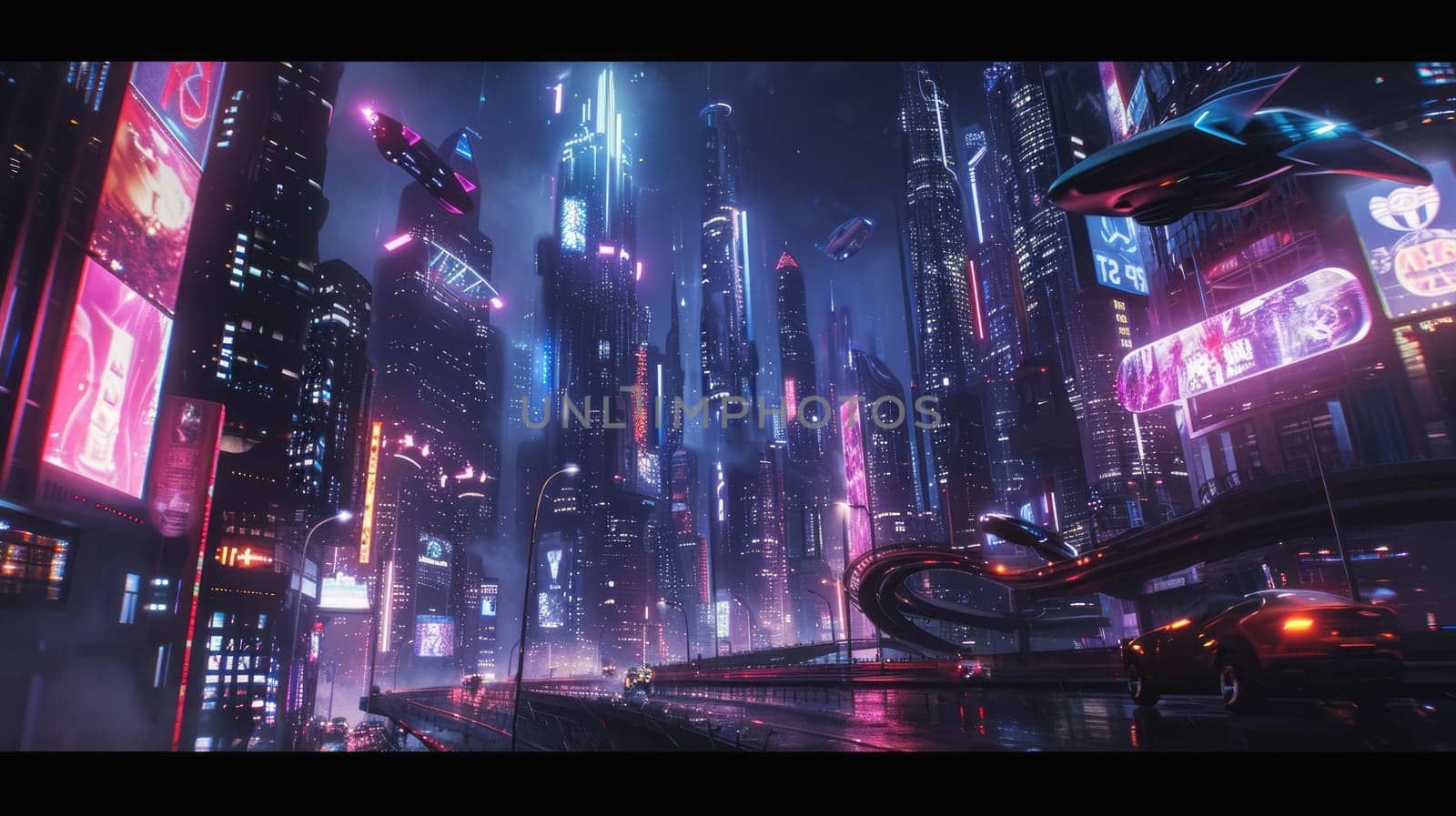 Futuristic city glows with soft hues, complemented by the sleek design of hovering vehicles above the vibrant skyline. Resplendent.