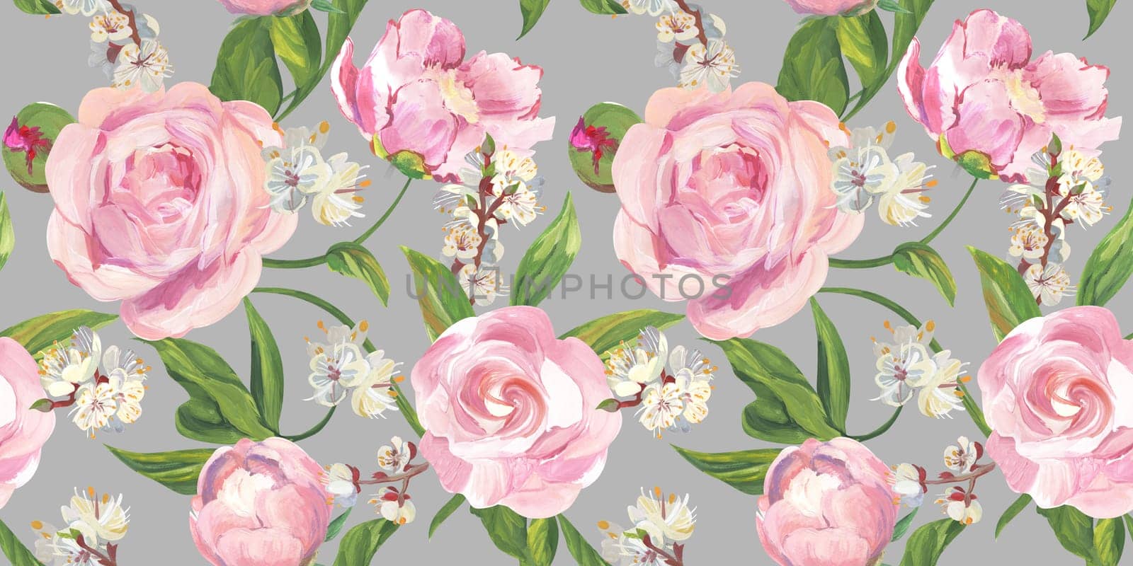 Seamless realistic pattern drawn with pink peonies in a classic oriental style by MarinaVoyush