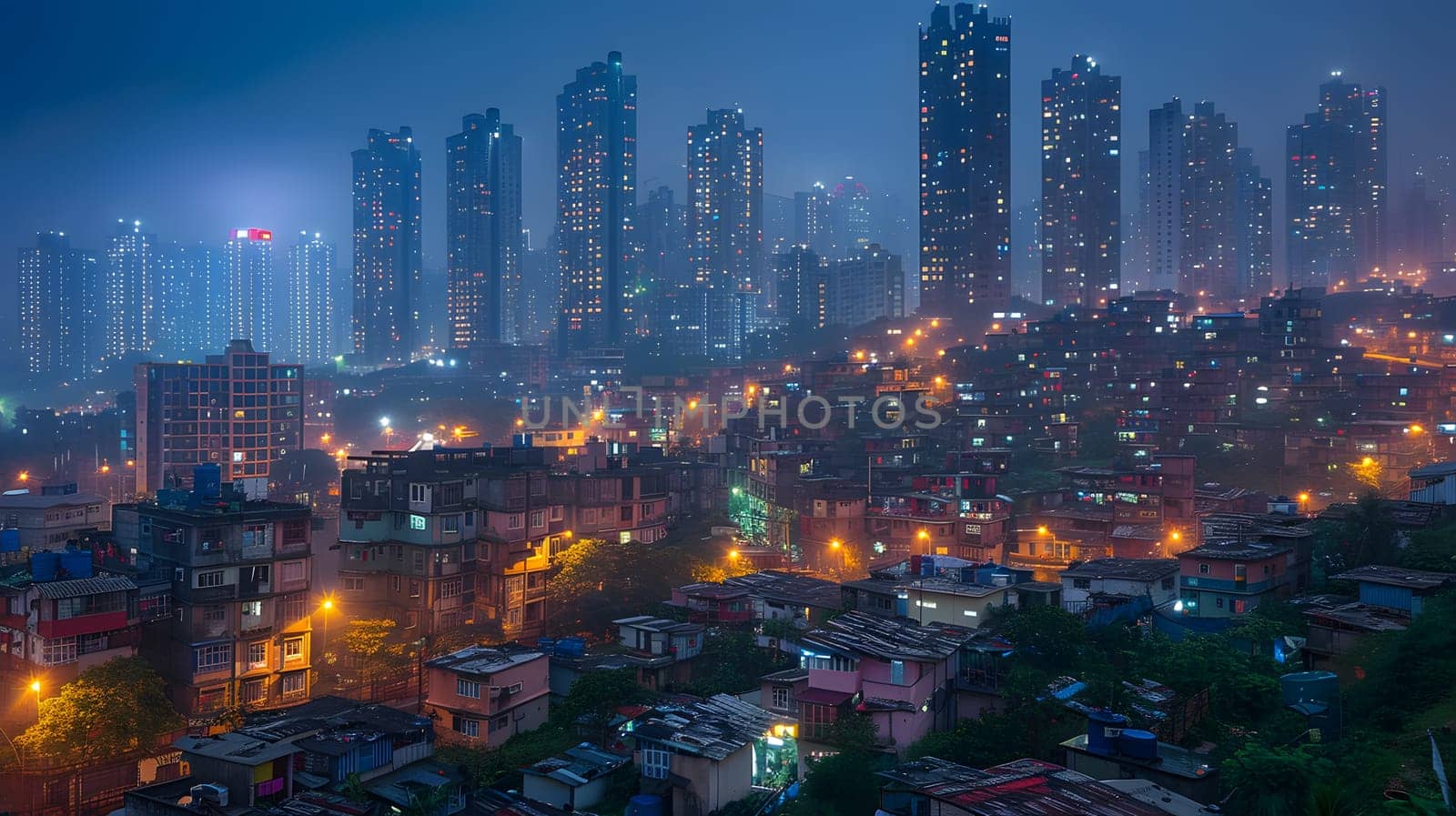A mesmerizing urban landscape at night, filled with skyscrapers and tower blocks illuminated by bright city lights against the dark sky