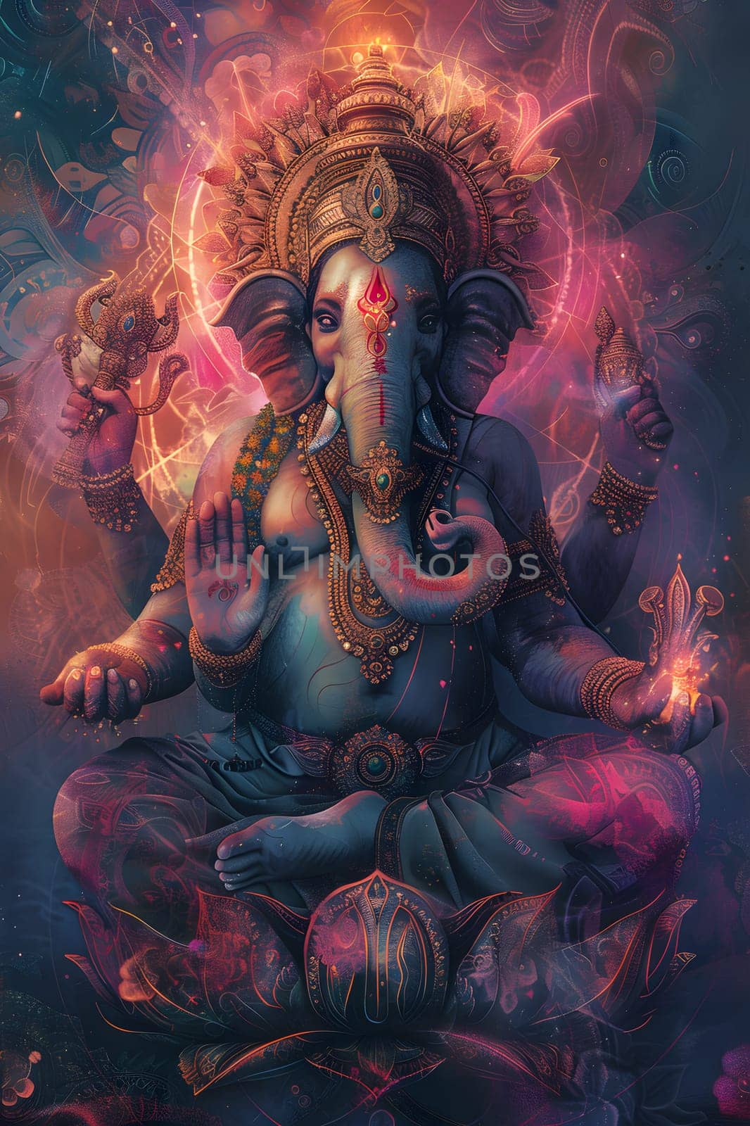 A vibrant painting of a deity gracefully sitting on a colorful lotus flower, surrounded by liquid and darkness, created with CG artwork