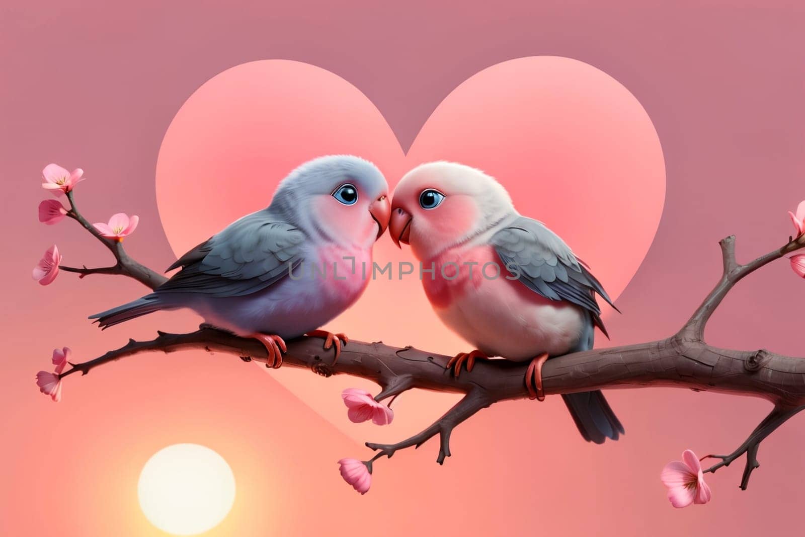 parrots in love hugging on a branch, Valentine's Day, greeting card .