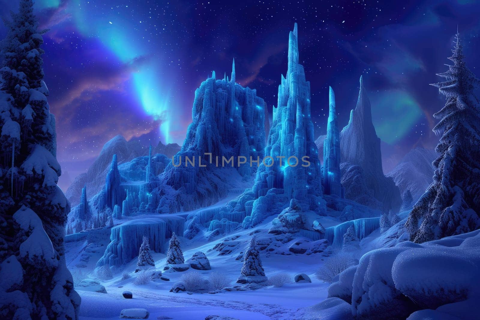 A magical winter wonderland at night, with ice castles, aurora borealis in the sky, and mystical creatures wandering in the snow-covered landscape. Resplendent.