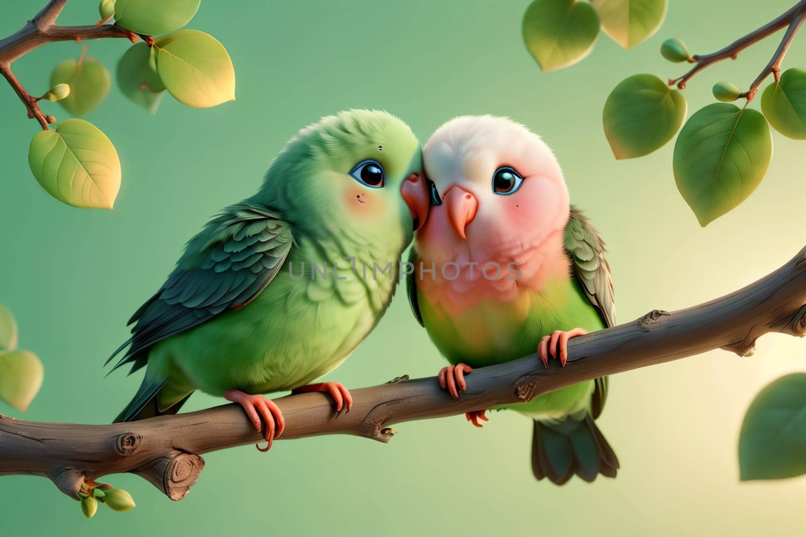 parrots in love hugging on a branch, Valentine's Day, greeting card .