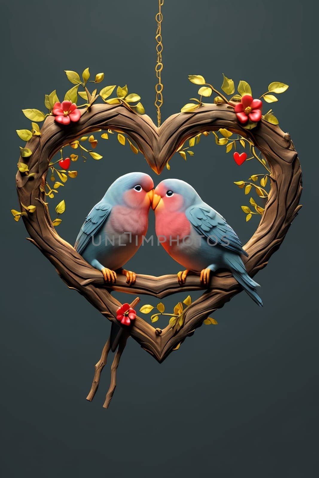 parrots in love hugging on a branch, Valentine's Day, greeting card .