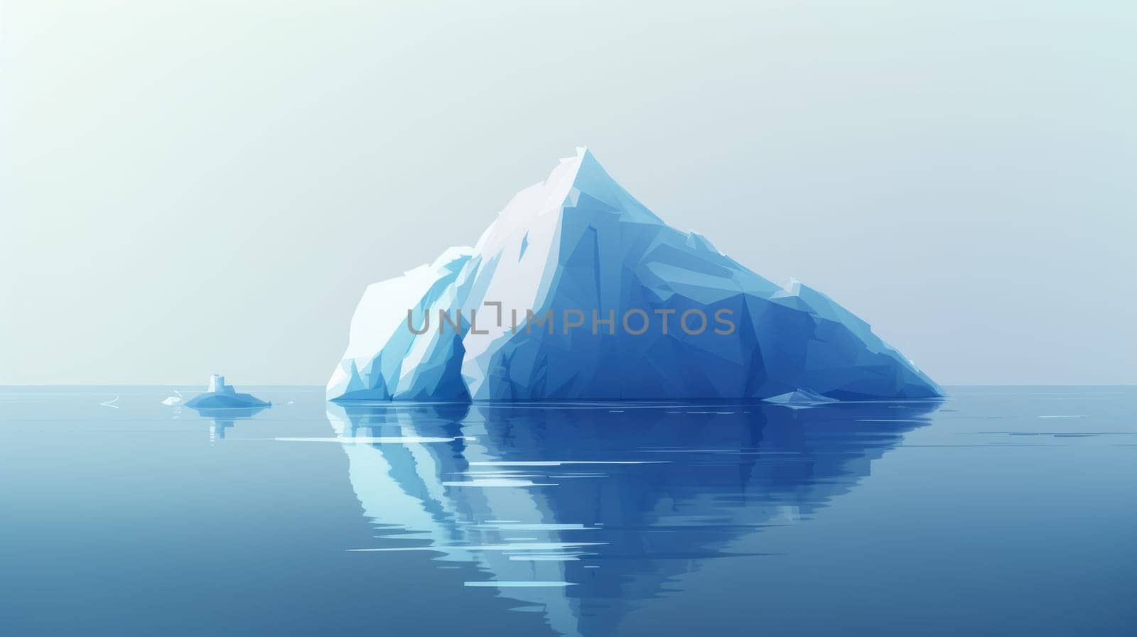 The ocean surrounding the iceberg is a deep blue color. The contrast between the bright white iceberg and the dark blue water makes the iceberg stand out. The iceberg is irregularly shaped. AIG42.